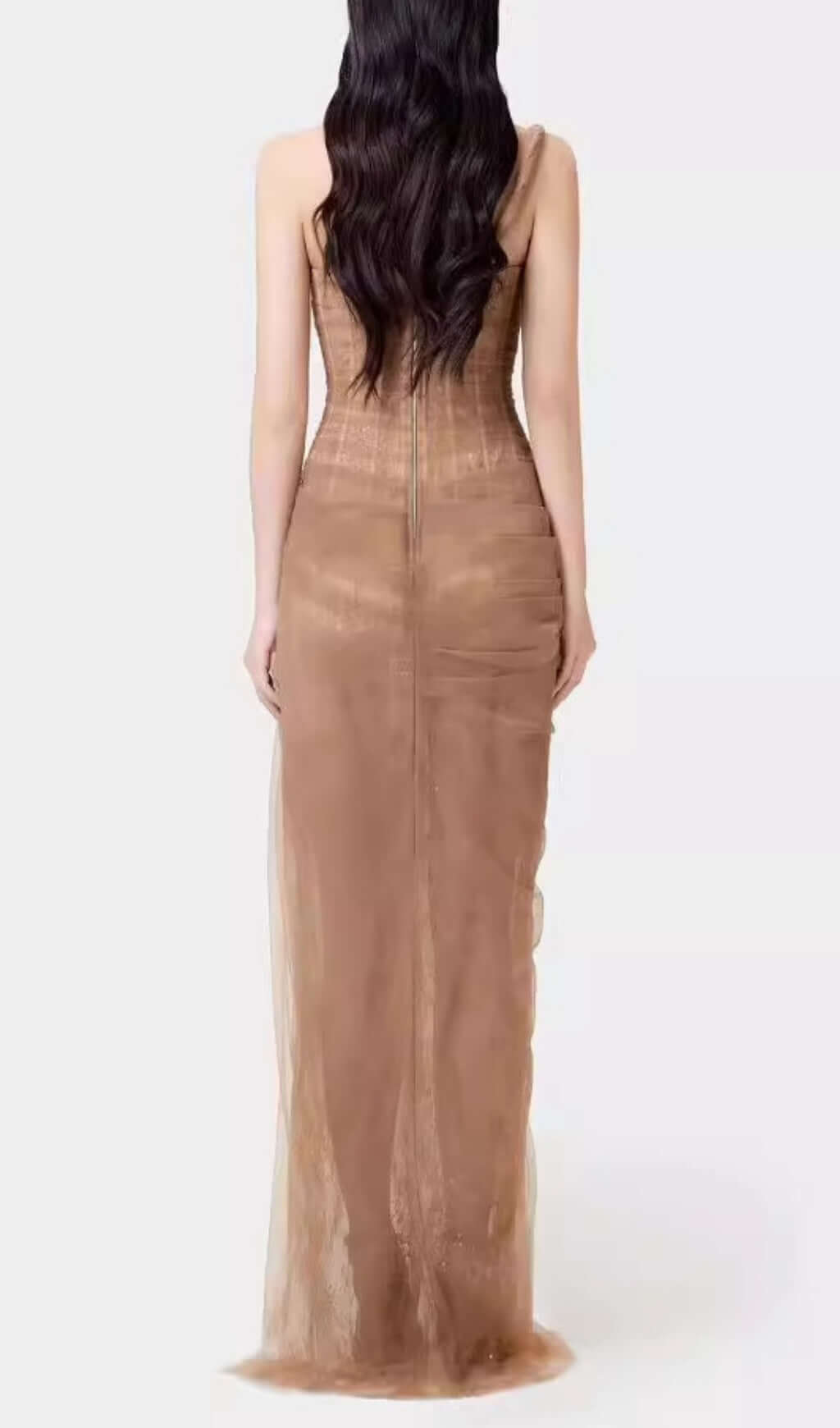 Fashionslee Women Anandi Brown Mesh Corset Maxi Dress