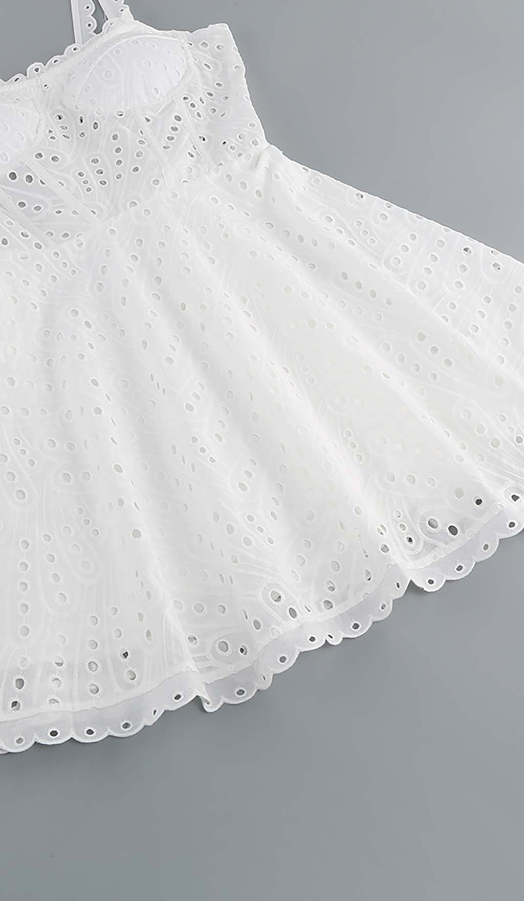 1663277afc596c79bcde3b5bbbc511f4.jpeg Fashionslee Women Eyelet Lace Strappy Mini Dress In White