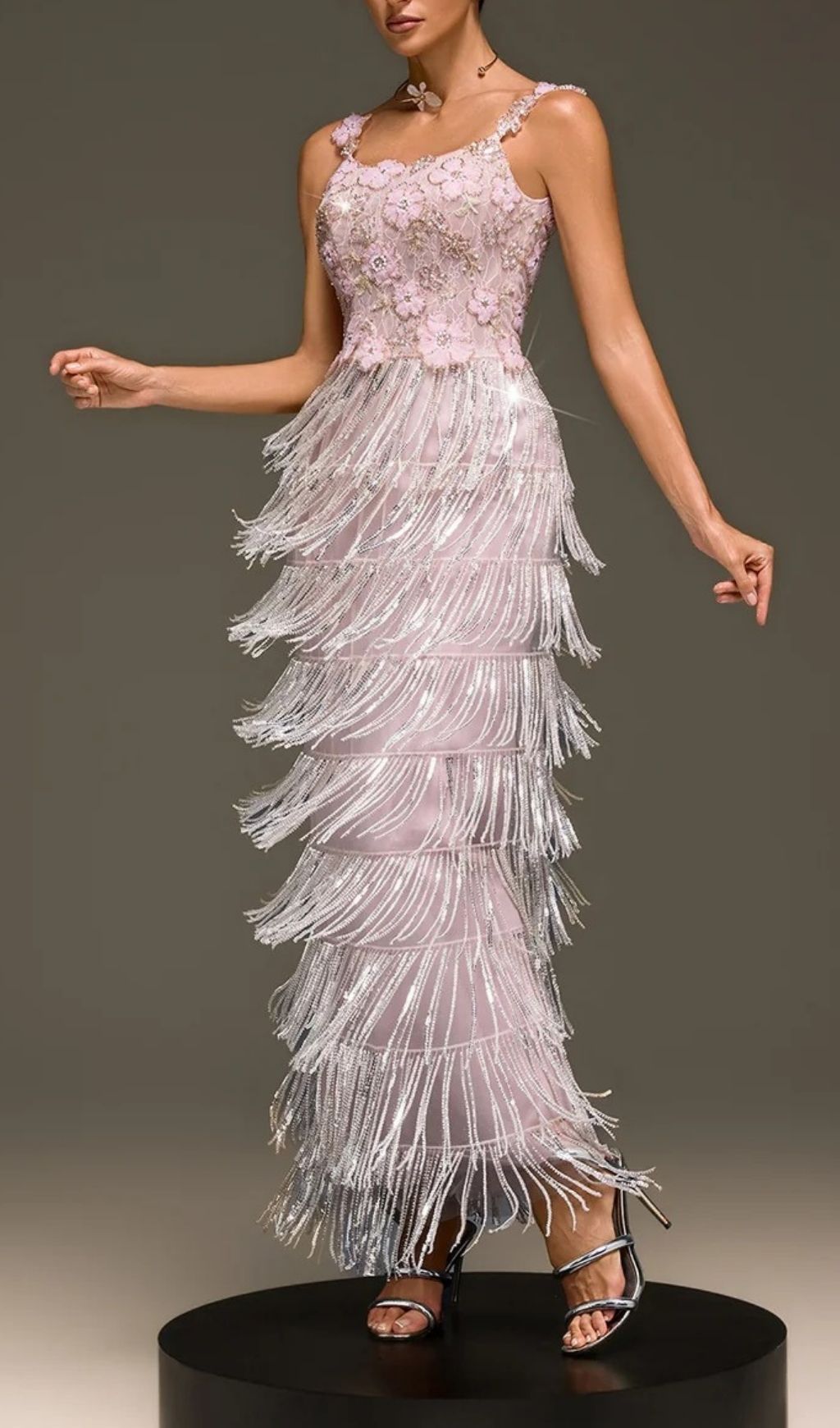Fashionslee Women Heldris Fringe Sequin Flower Maxi Dress