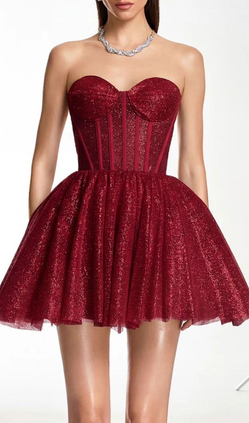 Fashionslee Women Darda Strapless Glitter Corset Mini Dress In Wine