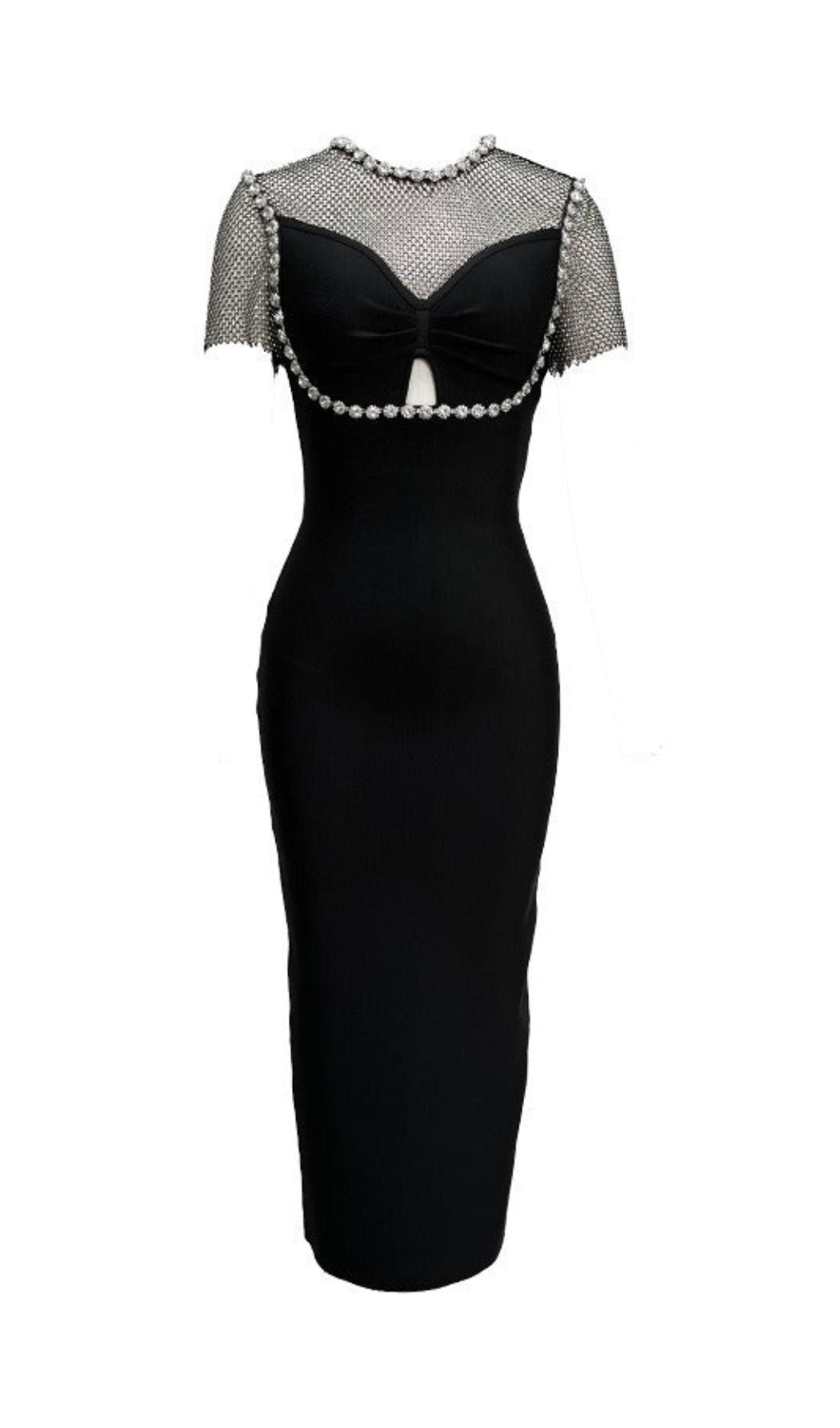 Fashionslee Women Arcelia Crystal Mesh Bandage Midi Dress