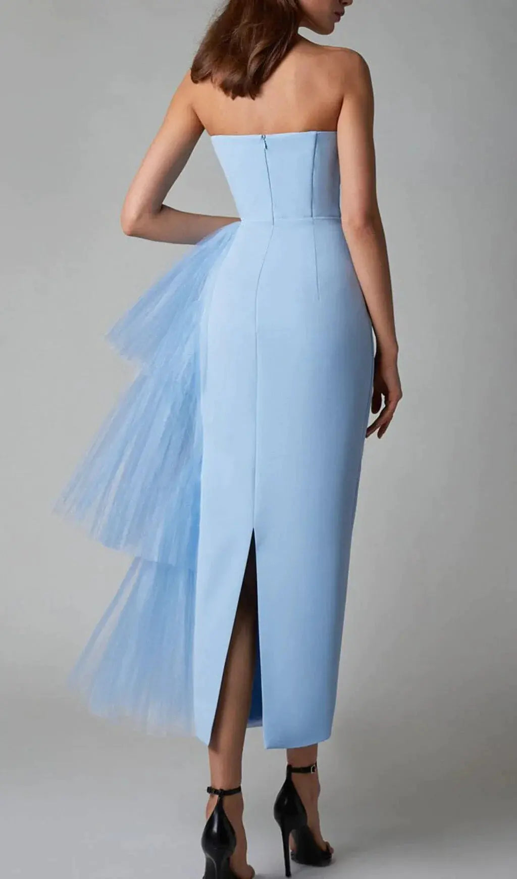 Fashionslee Women Mesh Stitched Dress In Light Blue