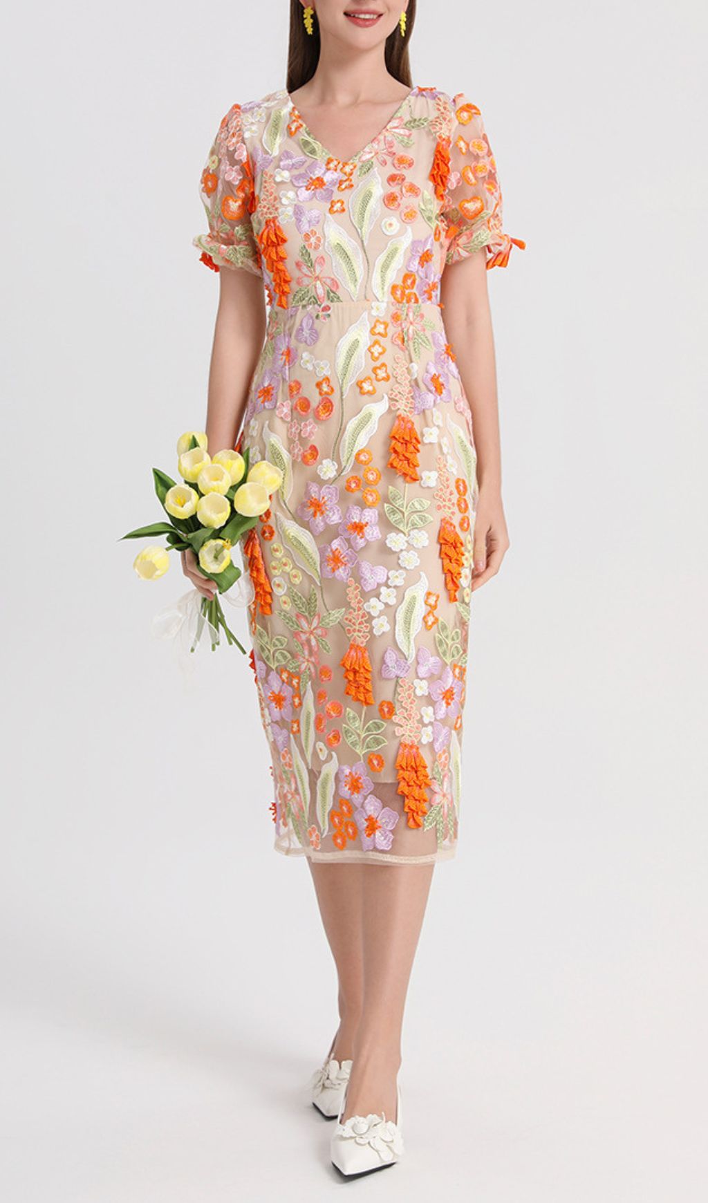 Fashionslee Women Fujiye V-Neck Flower Embroidery Midi Dress
