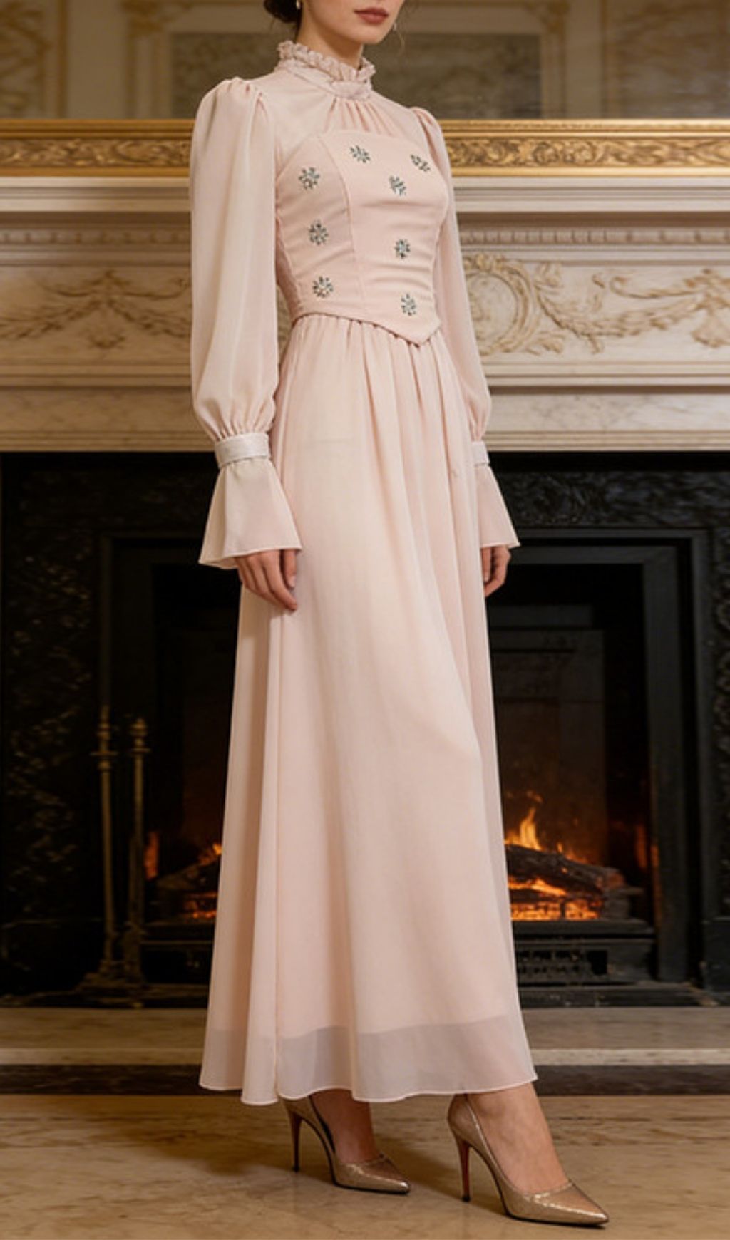 Fashionslee Women Kasha Long Sleeve Embellished Maxi Dress