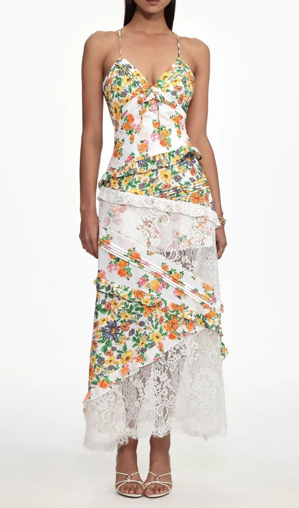 Fashionslee Women Georgia Yellow V Neck Floral Print Lace Maxi Dress