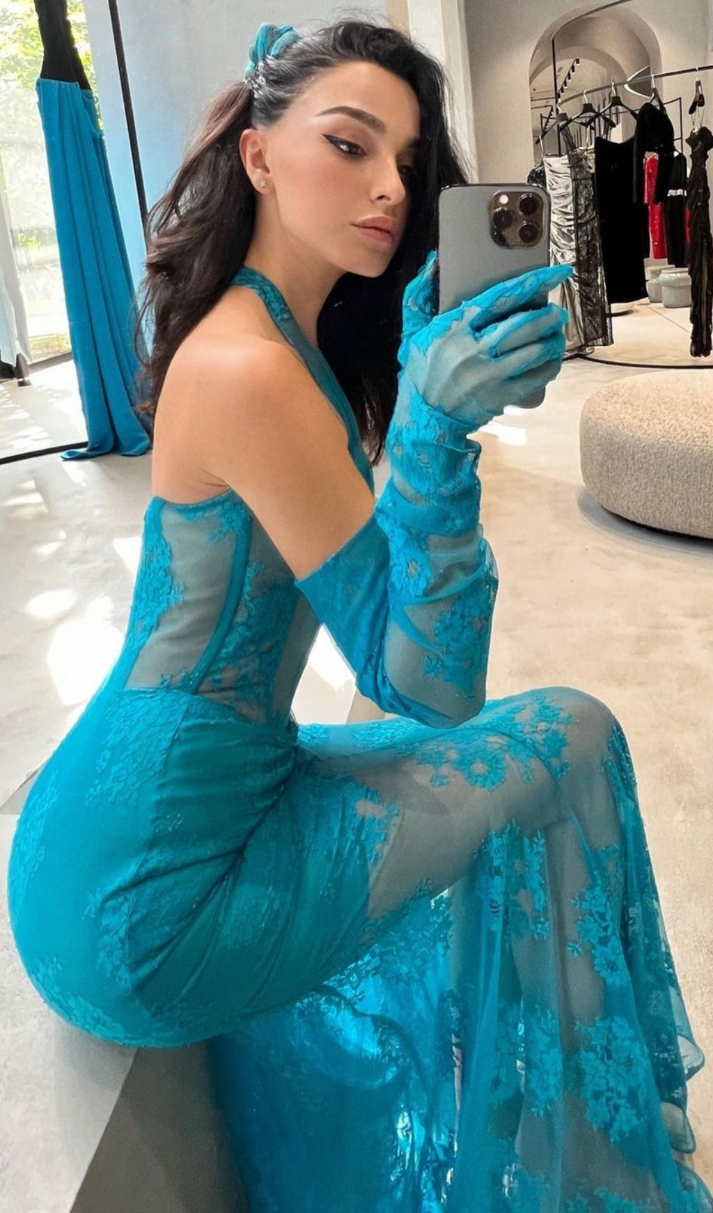 Fashionslee Women Aoife Blue Bustier Floral Lace Gown
