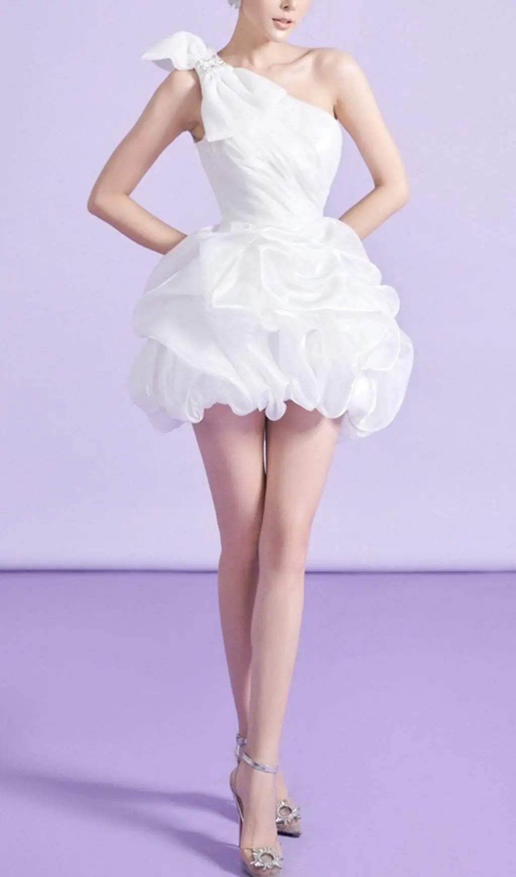 Fashionslee Women White One Shoulder Bowknot Mini Dress