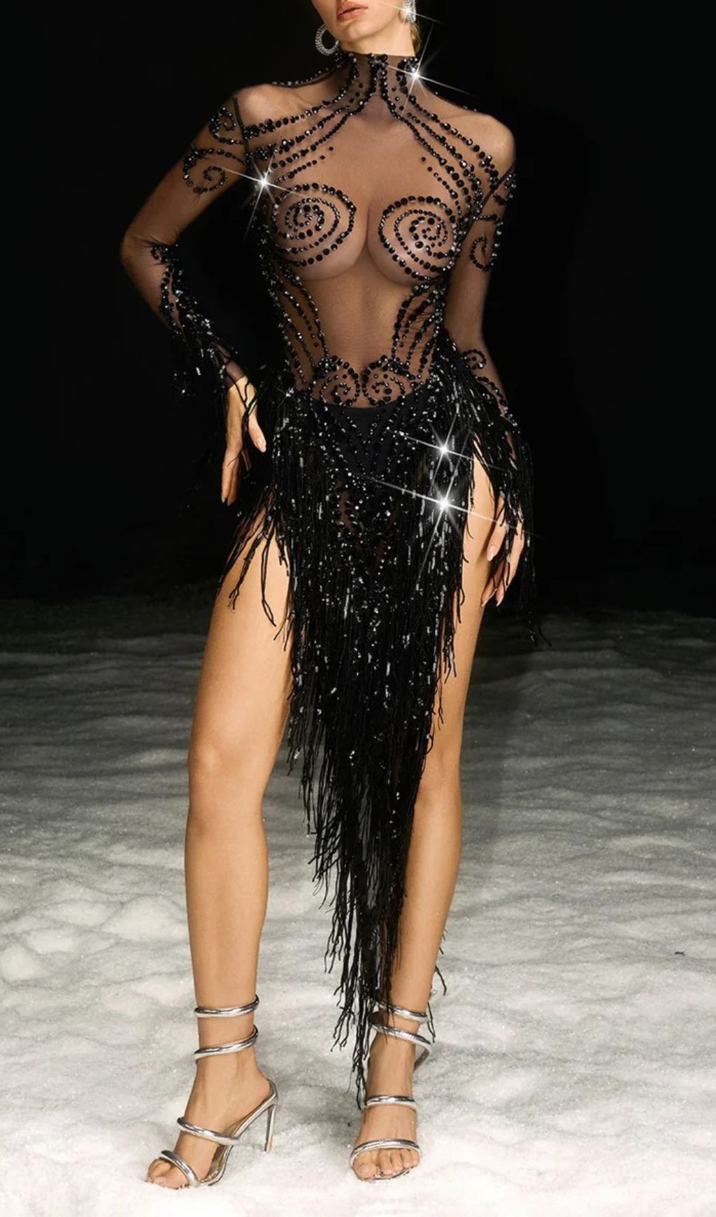 Fashionslee Women Nathari Rhinestone Fringe Mesh Dress