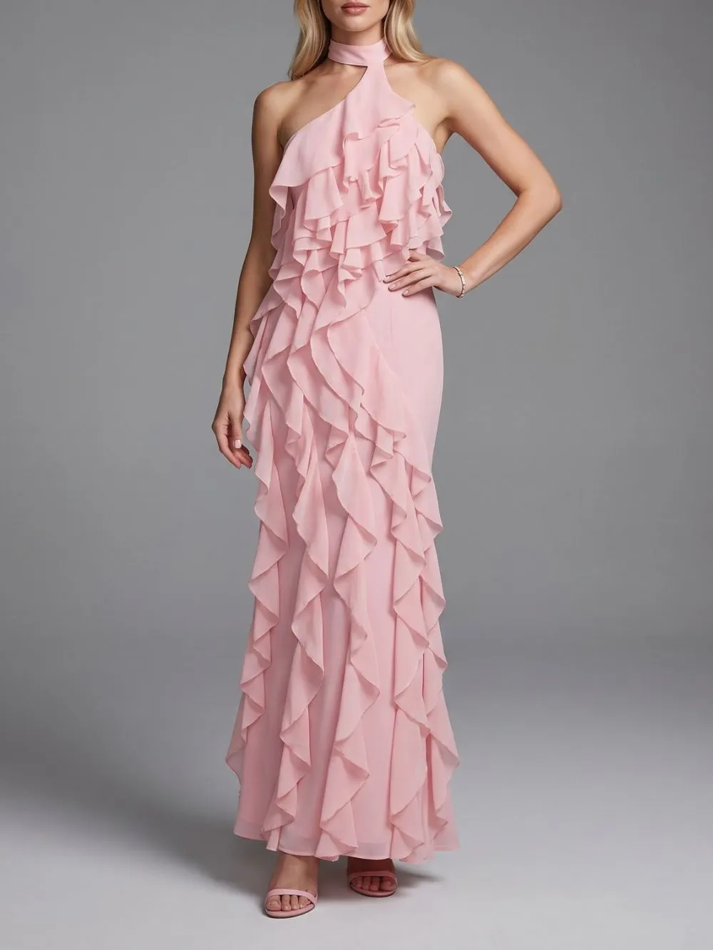 PINK HALTER RUFFLE MAXI DRESS TRENDING - OWNCI PINK HALTER RUFFLE MAXI DRESS TRENDING - OWNCI