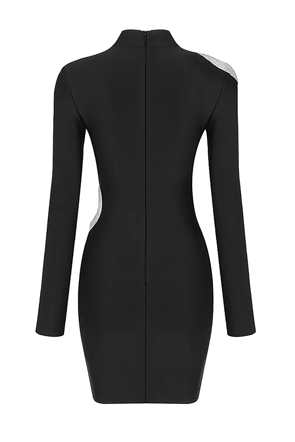 Fashionslee Women Black Crew Neck Long Sleeve Beaded Cutout Ring Bandage Dress