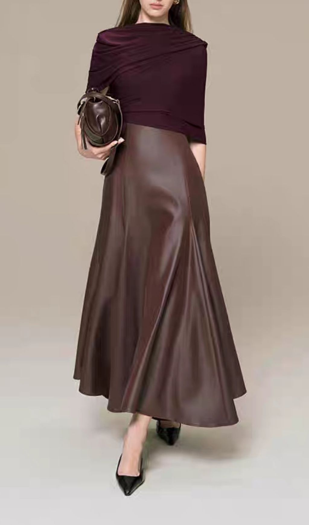 Fashionslee Women Kiona Coffee Leather Patchwork Maxi Dress