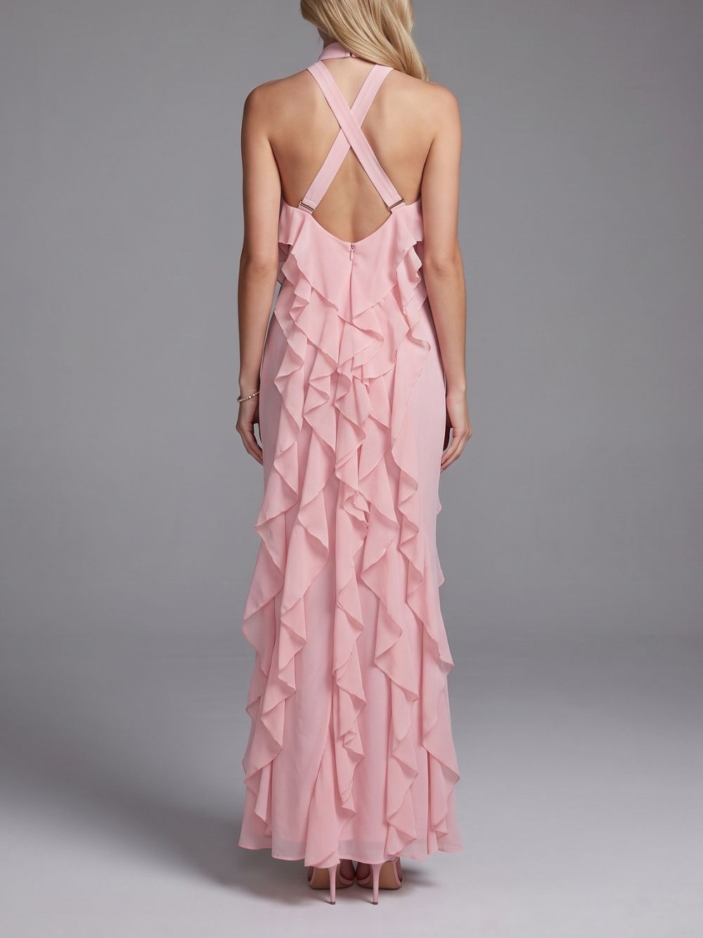 PINK HALTER RUFFLE MAXI DRESS TRENDING - OWNCI