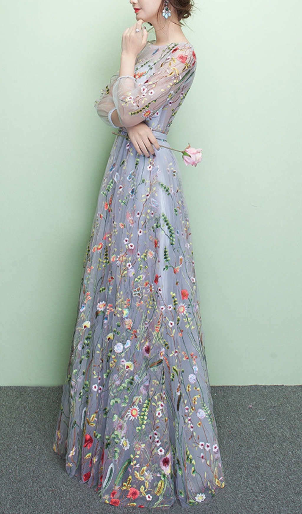 Fashionslee Women Dannell Gray Flower Mesh Sleeve Maxi Dress