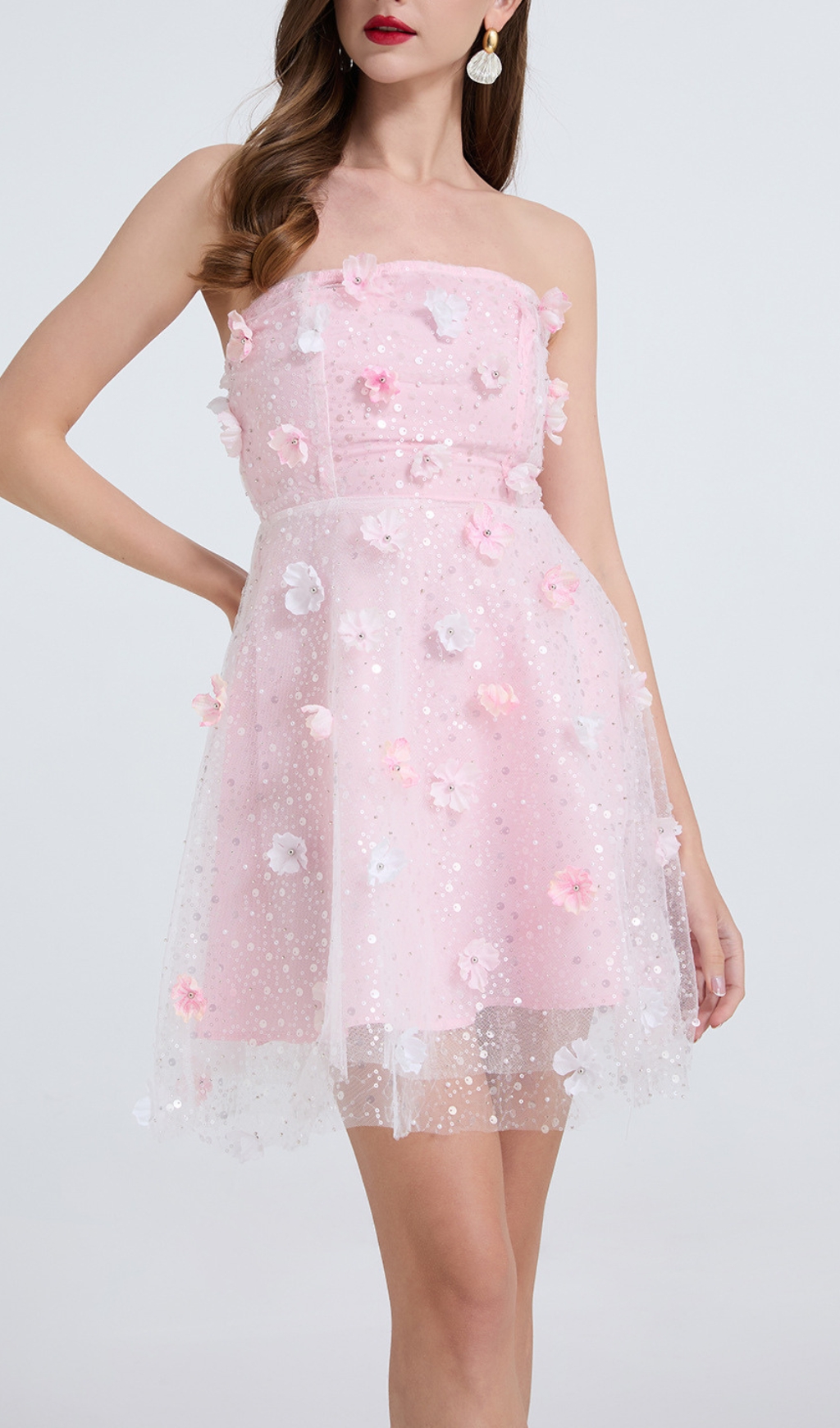 PINK SEQUIN AESTHETIC MINI DRESS WITH FLOWERS - OWNCI PINK SEQUIN AESTHETIC MINI DRESS WITH FLOWERS - OWNCI