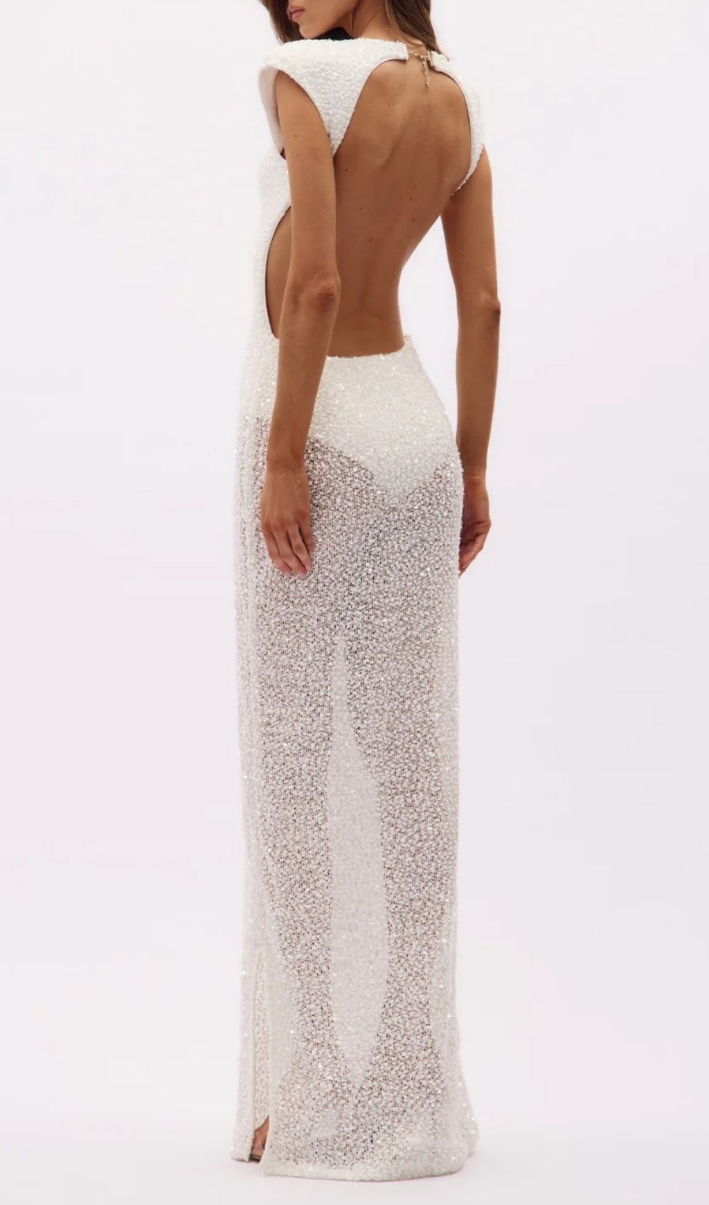 Fashionslee Women Kees White Sequin Sleeveless Backless Maxi Dress