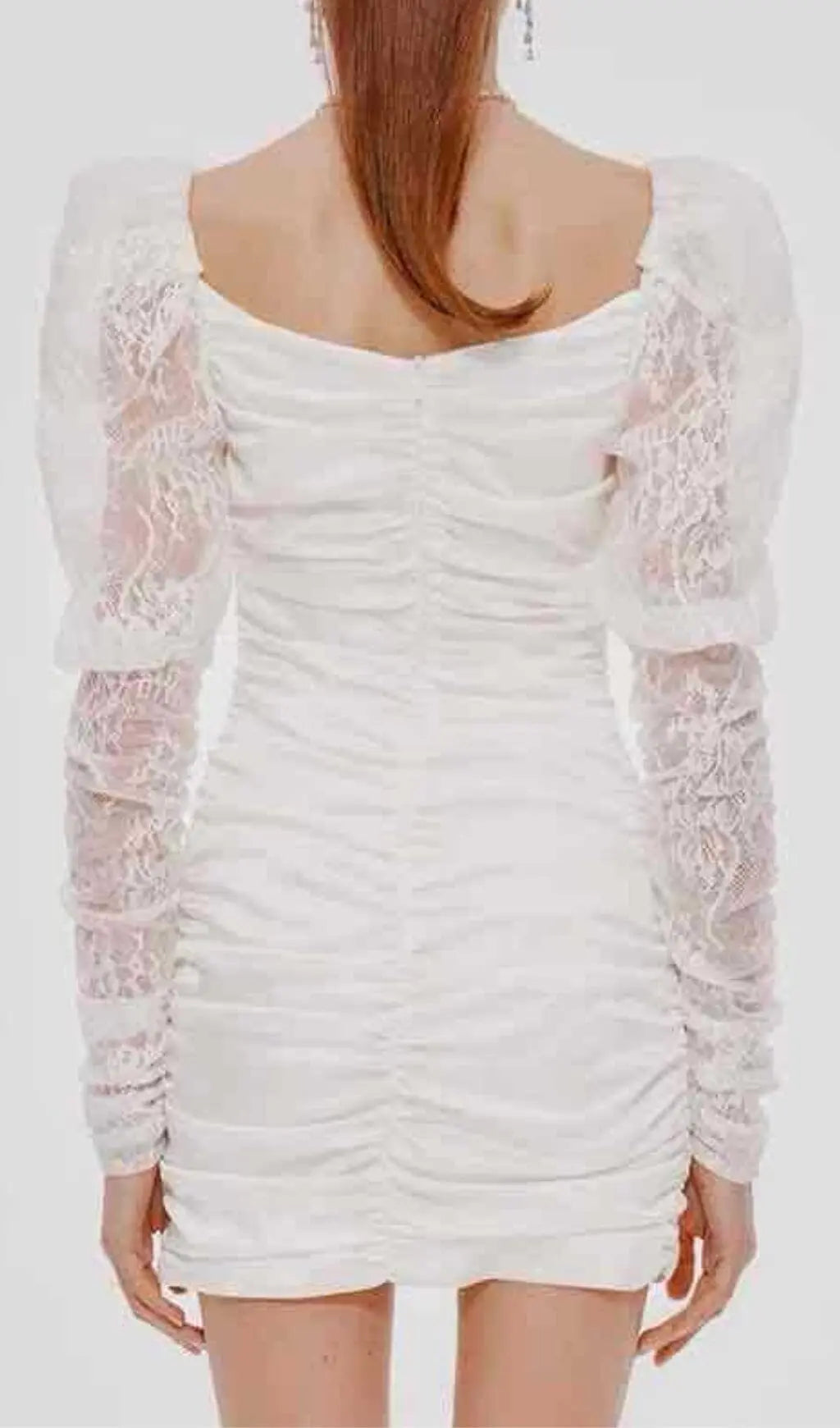 Fashionslee Women Pleated Dress With Lace Puffed Sleeves In White