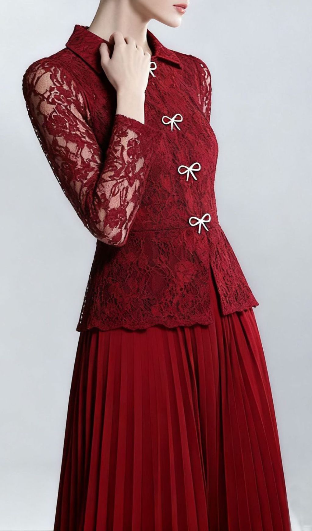 Fashionslee Women Izel Bow Lace Pleated Long Sleeve Midi Dress
