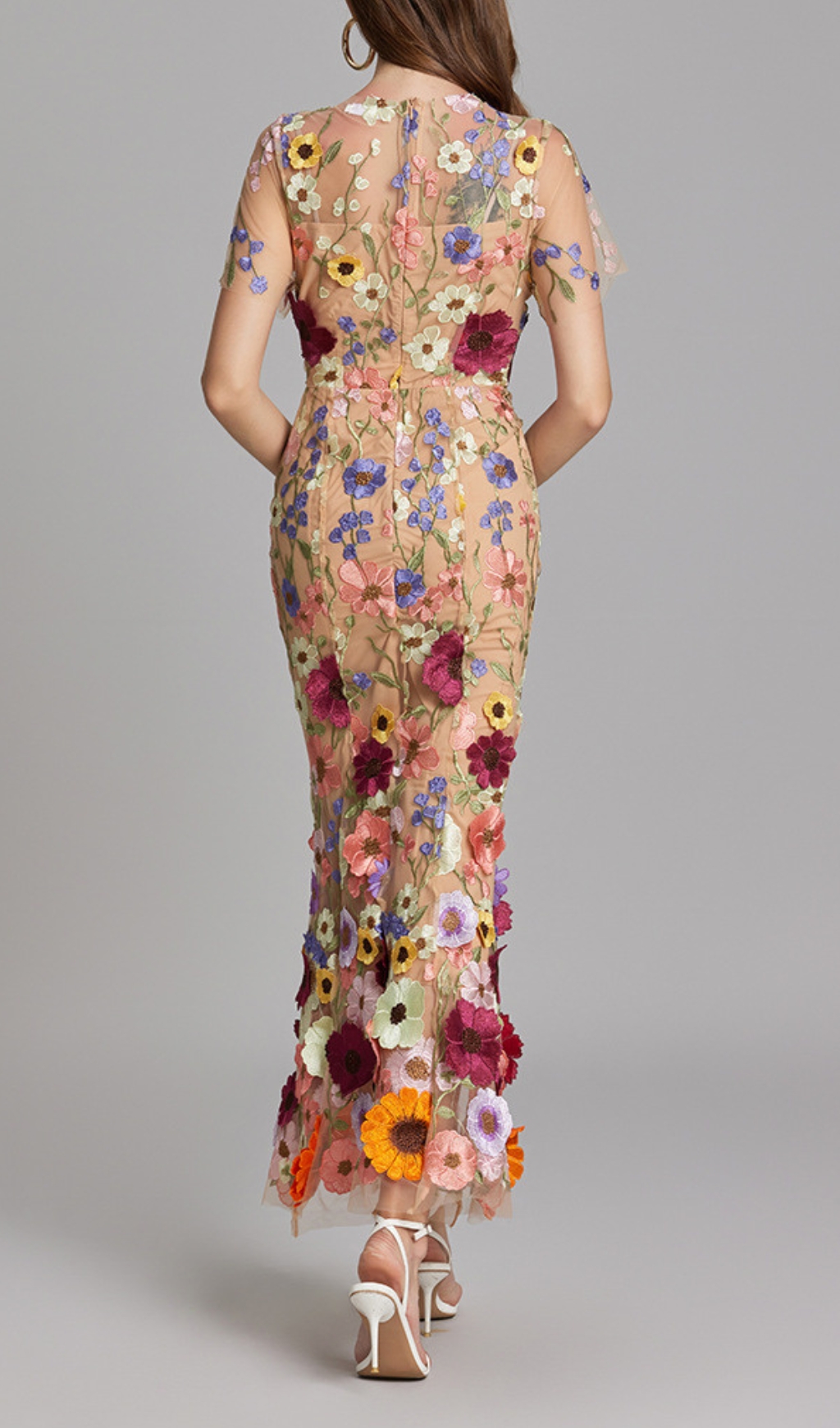 Fashionslee Women Carol Floral Embroidery Mesh Fishtail Midi Dress