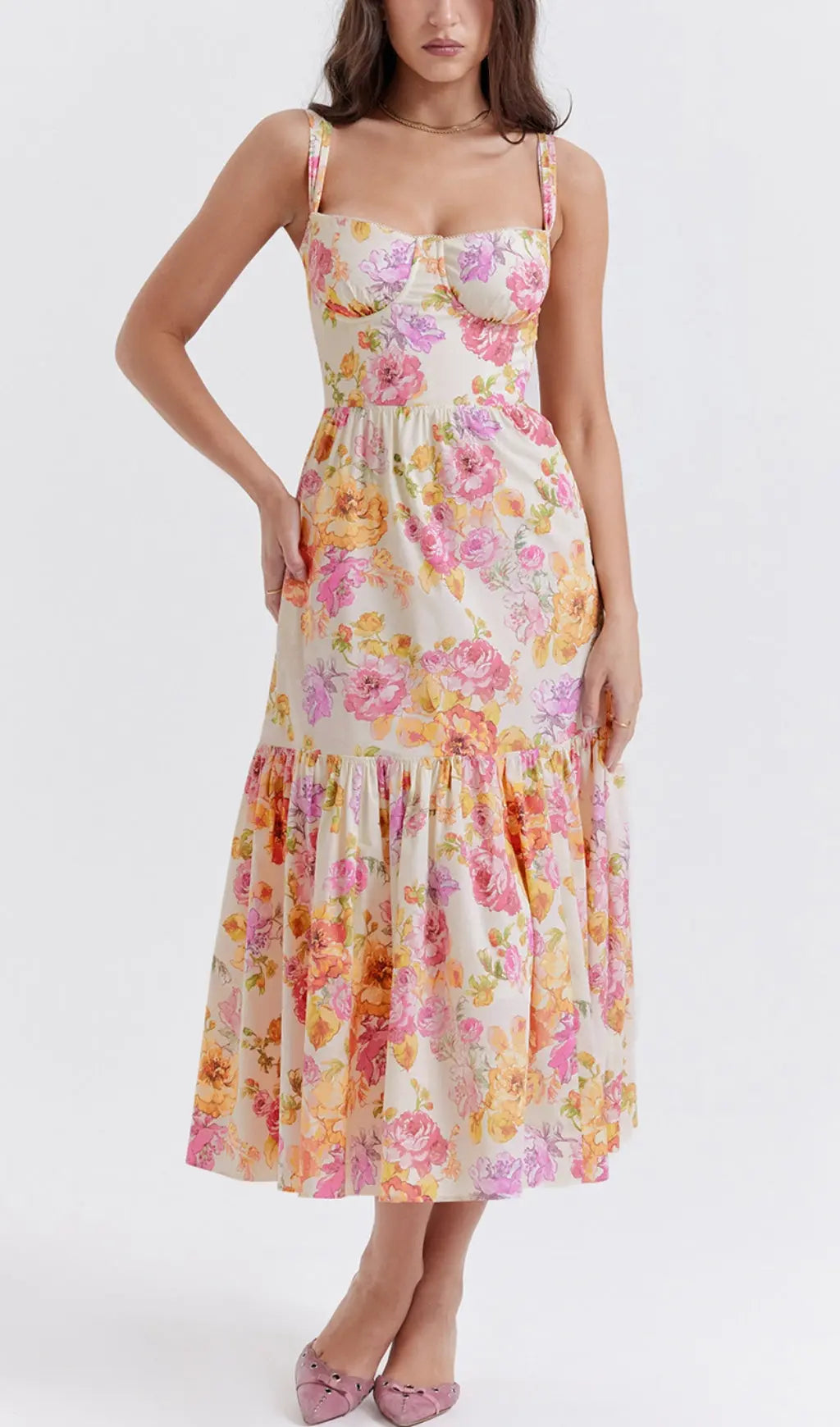 Fashionslee Women Ivory Floral Midi Sundress