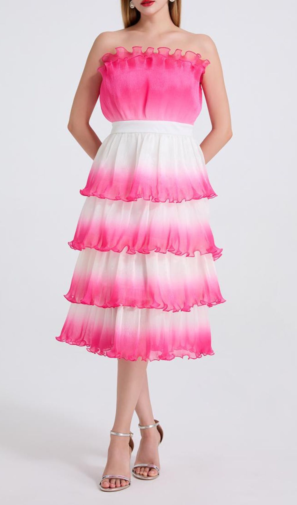 Fashionslee Women Fiene Pink Strappy Cake Midi Dress