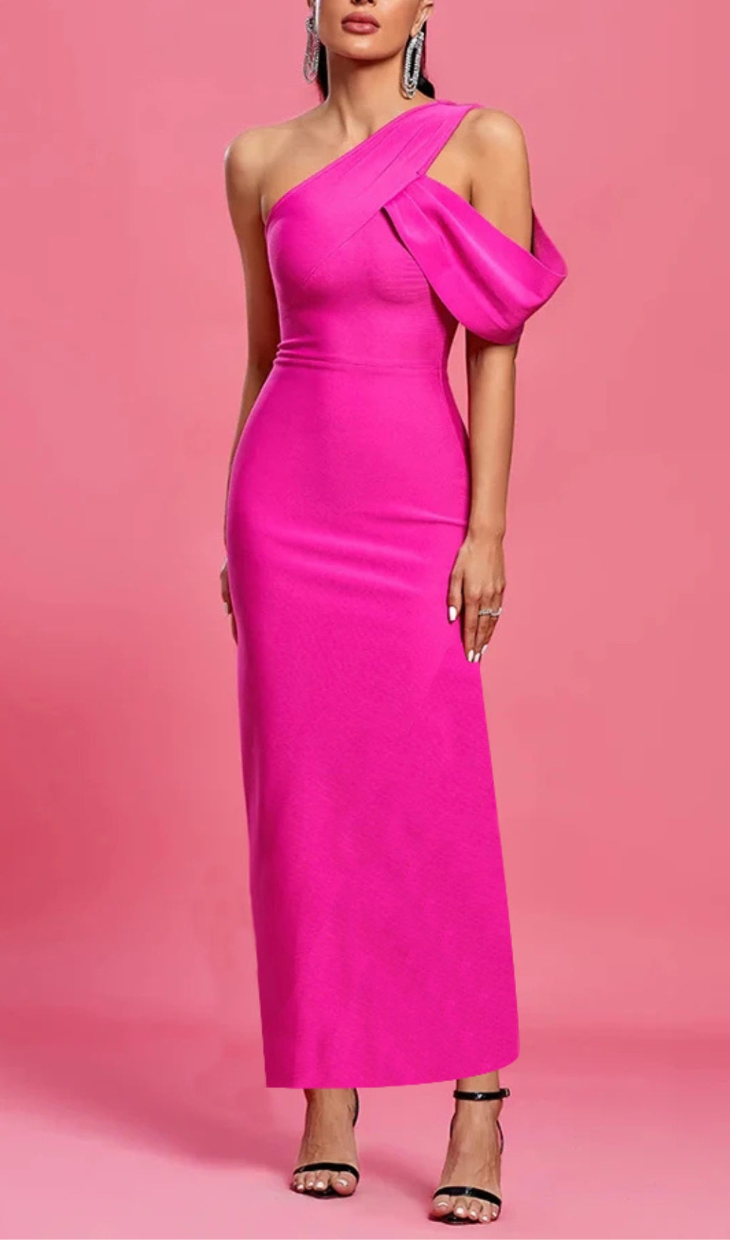 Fashionslee Women Pink One Shoulder Asymmetrical Hem Dress