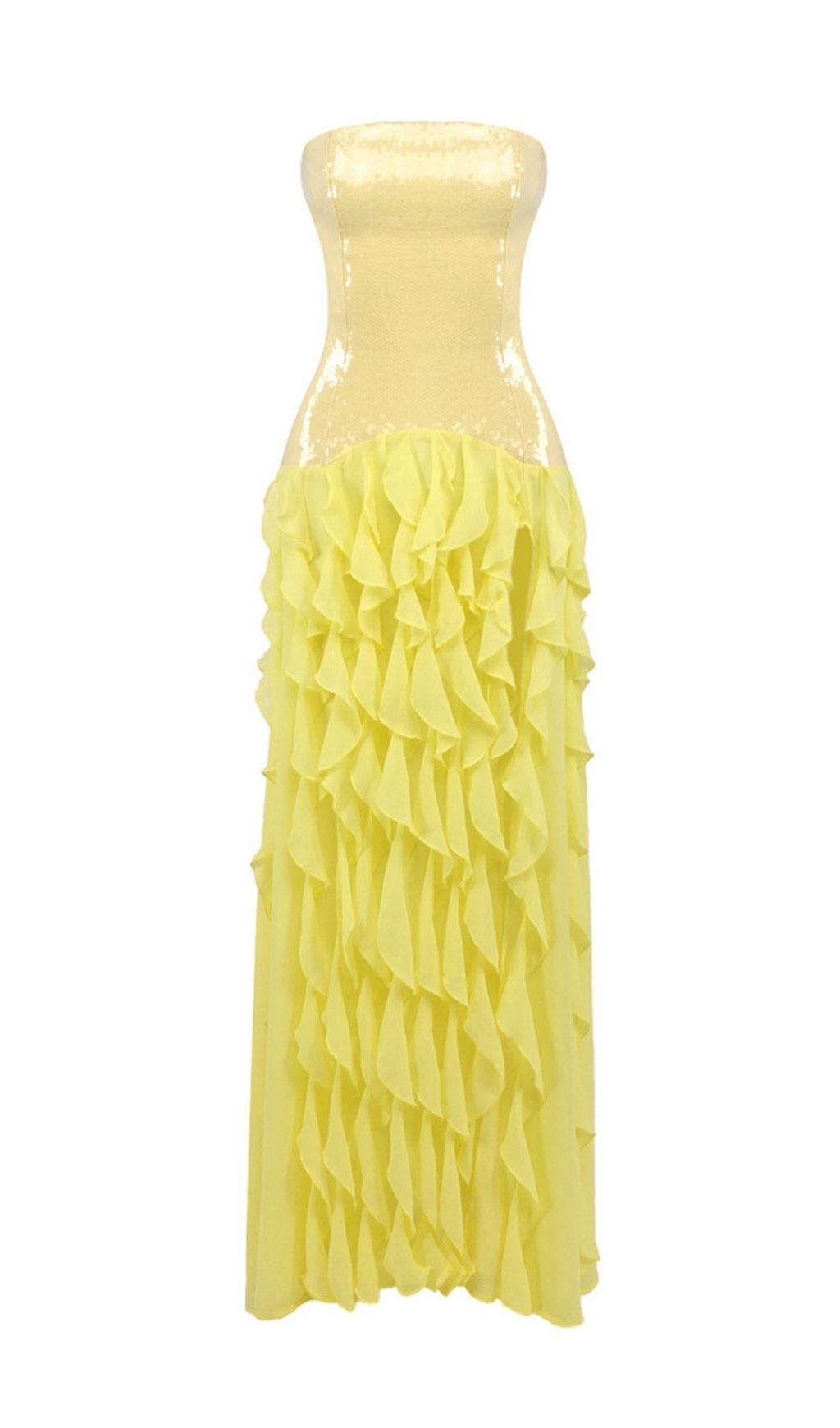 19277f66353564a7c1cb784d87acb593.jpg Fashionslee Women Kalki Yellow Strapless Sequin Ruffle Maxi Dress