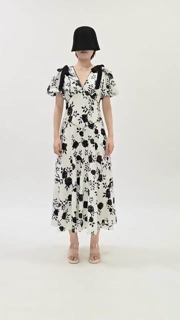 Fashionslee Women Filip Flower Printed V-Neck Midi Dress