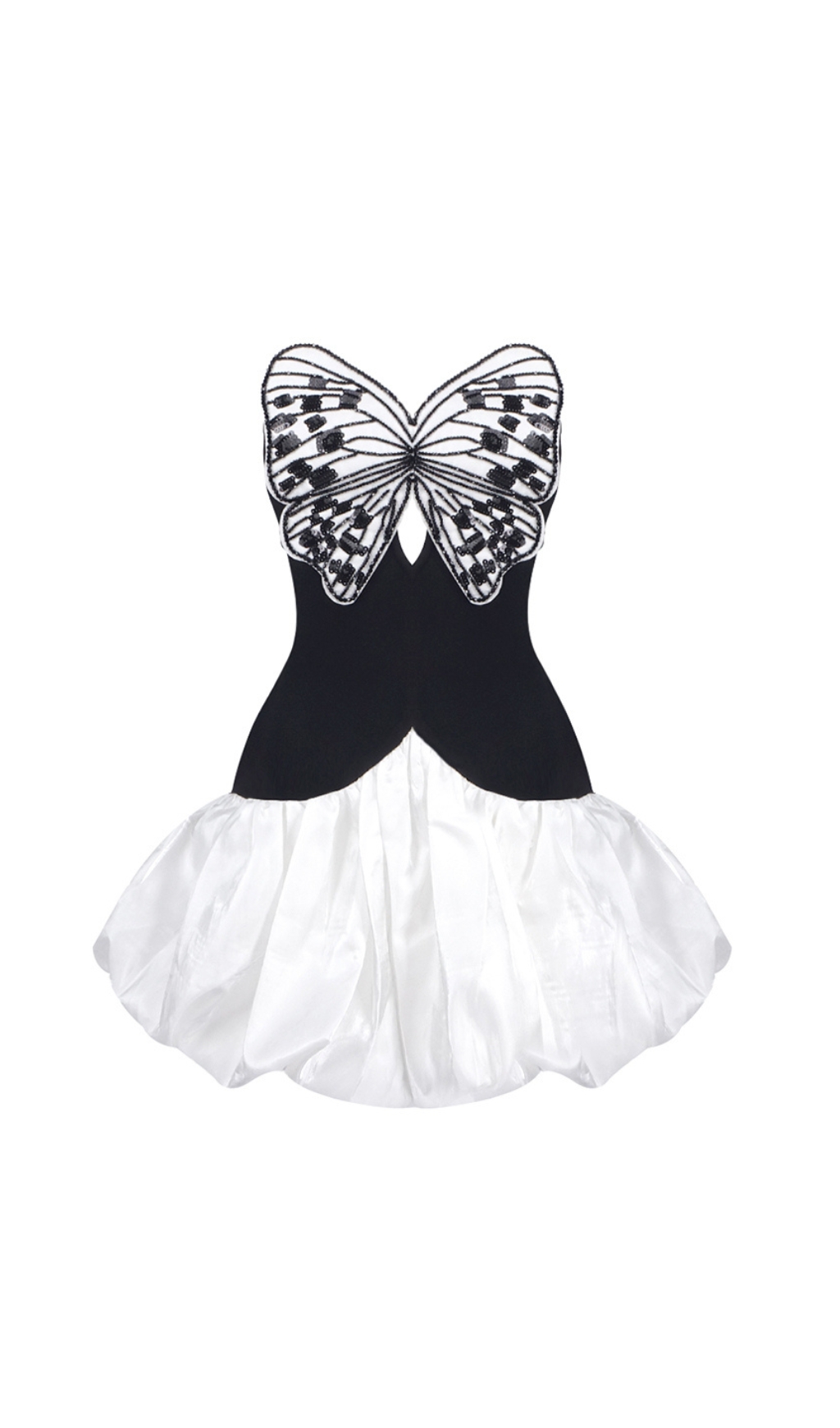19506bfb1bcd6bf25f87cbe53e7a69e8.jpg Fashionslee Women Black White Strapless Sequin Butterfly Puff Dress