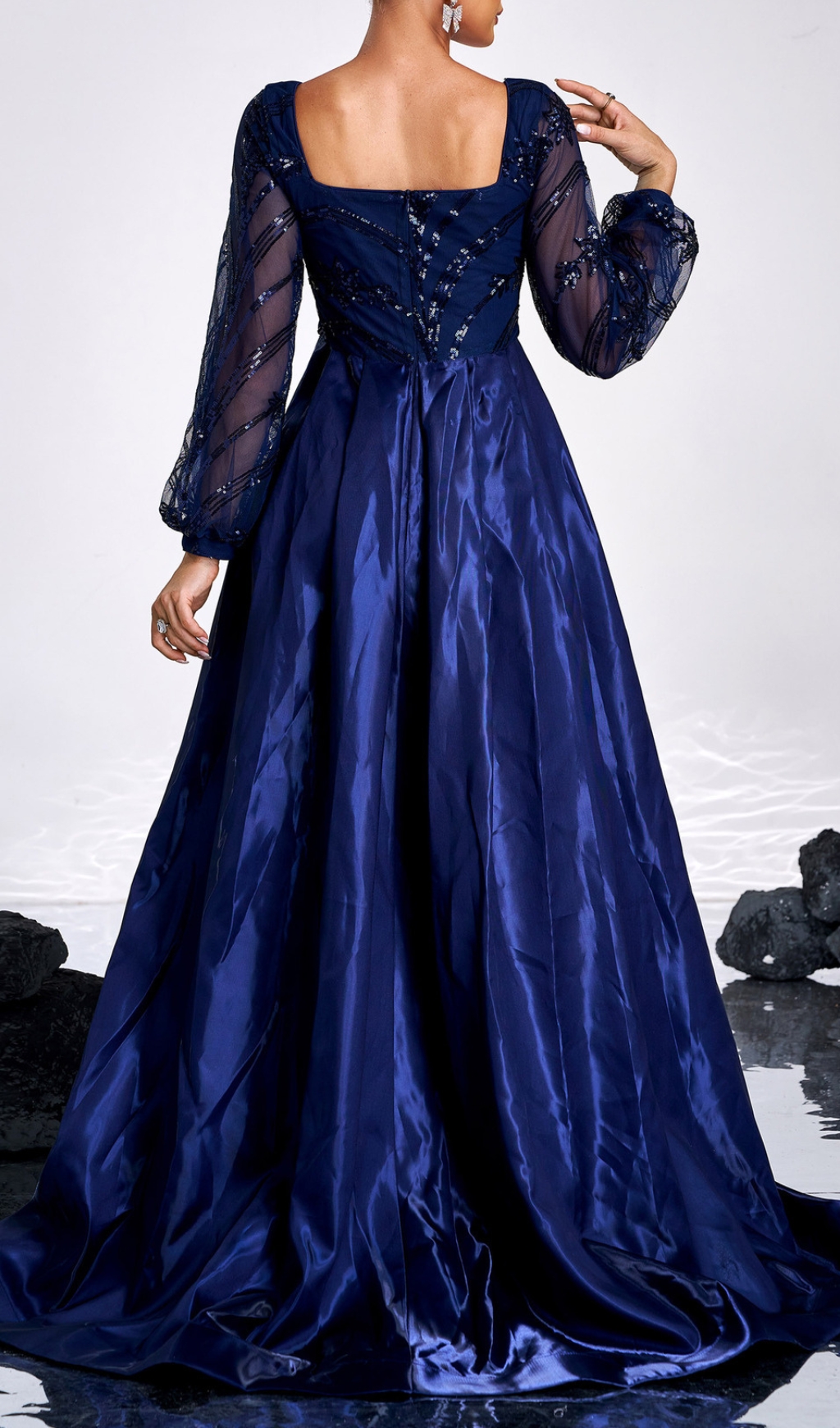 Fashionslee Women Cruise Blue Long Sleeve Square Neck Maxi Dress