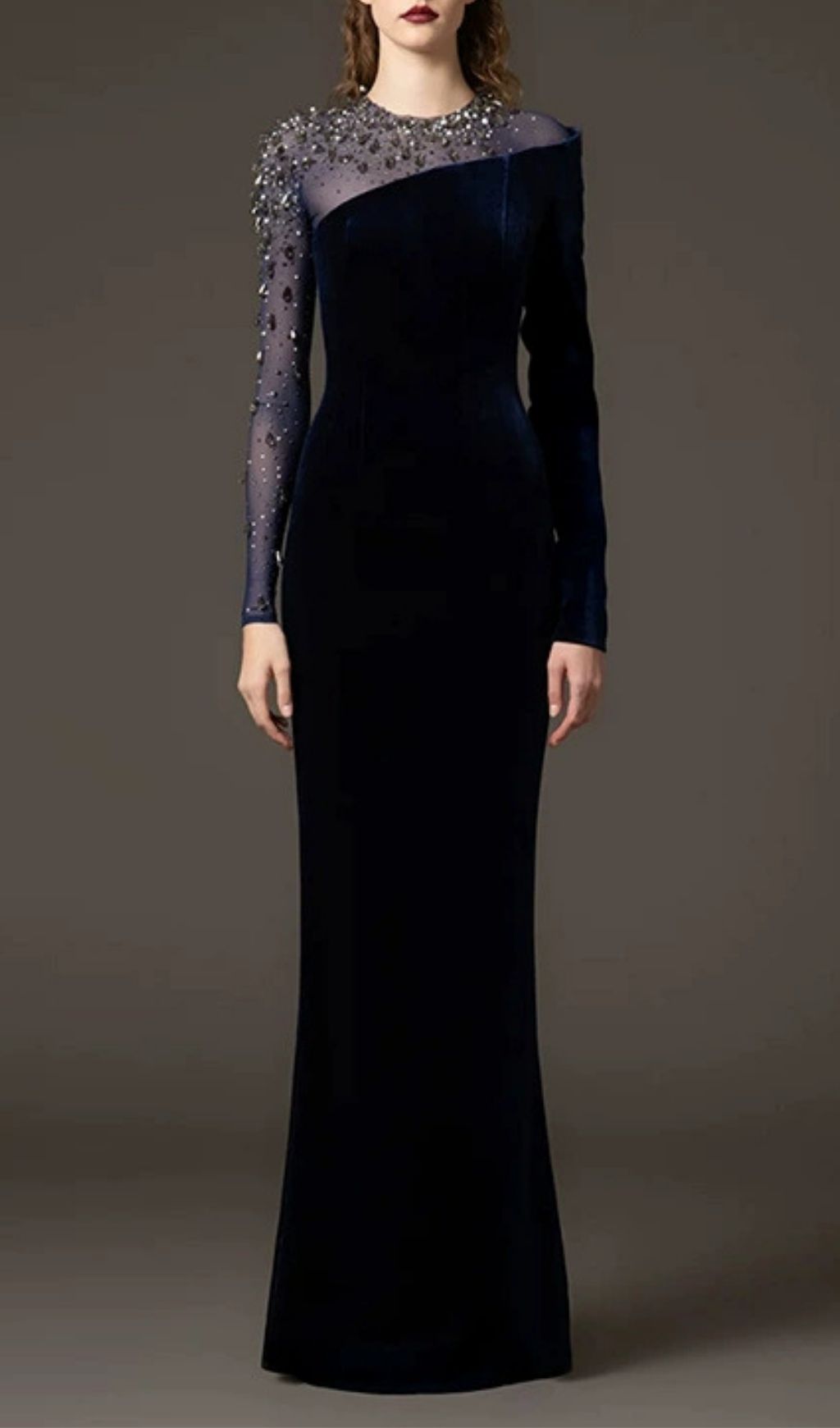 Fashionslee Women Hyalina Velvet Mesh Diamond Maxi Dress