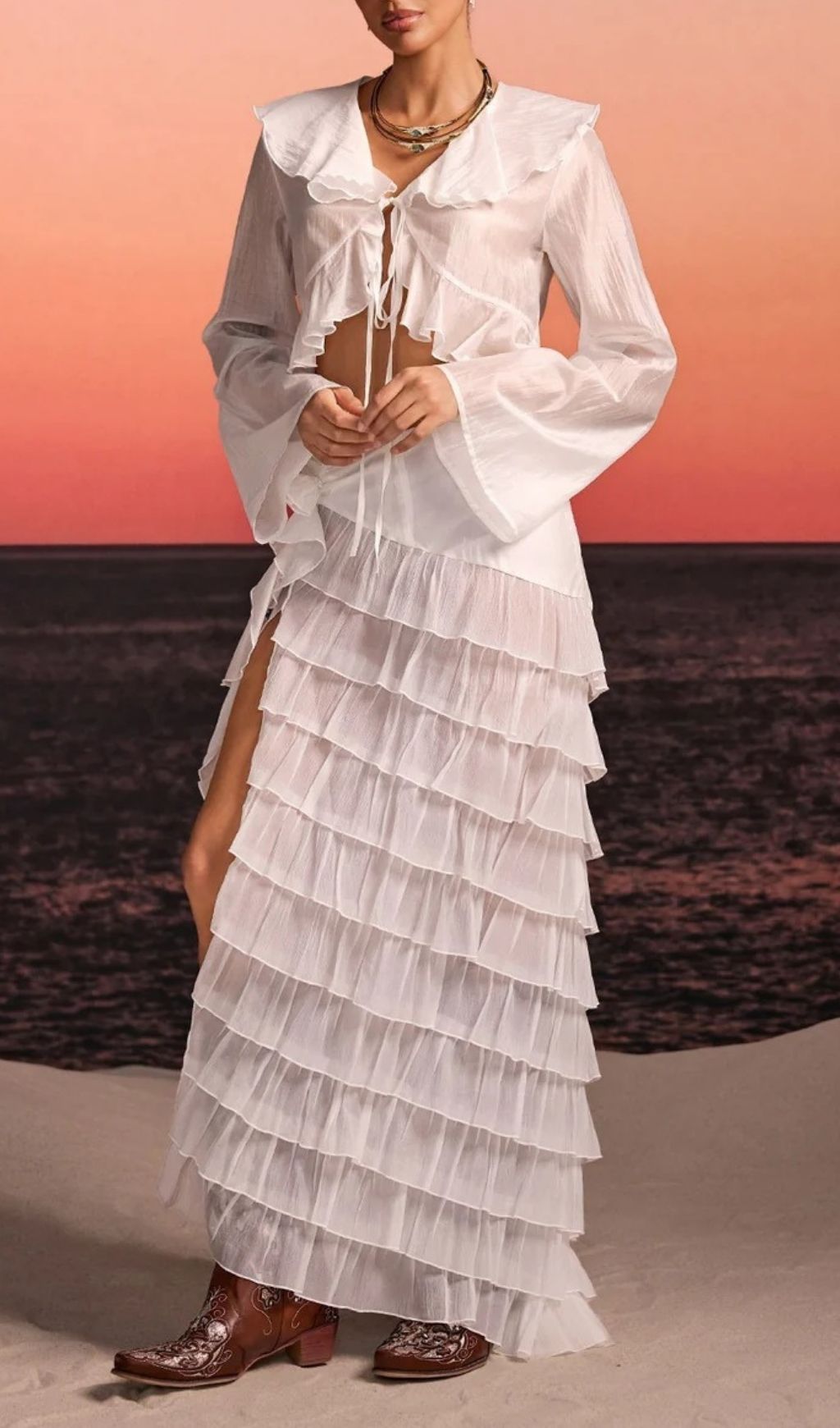 19d072add1ae84aa53f9ba17def28dc2.jpg Fashionslee Women Selvor Ruffle Tiered Split Skirt Set