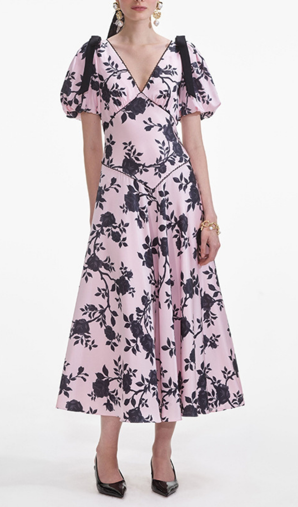 Fashionslee Women Filip Pink Flower Printed V-Neck Midi Dress