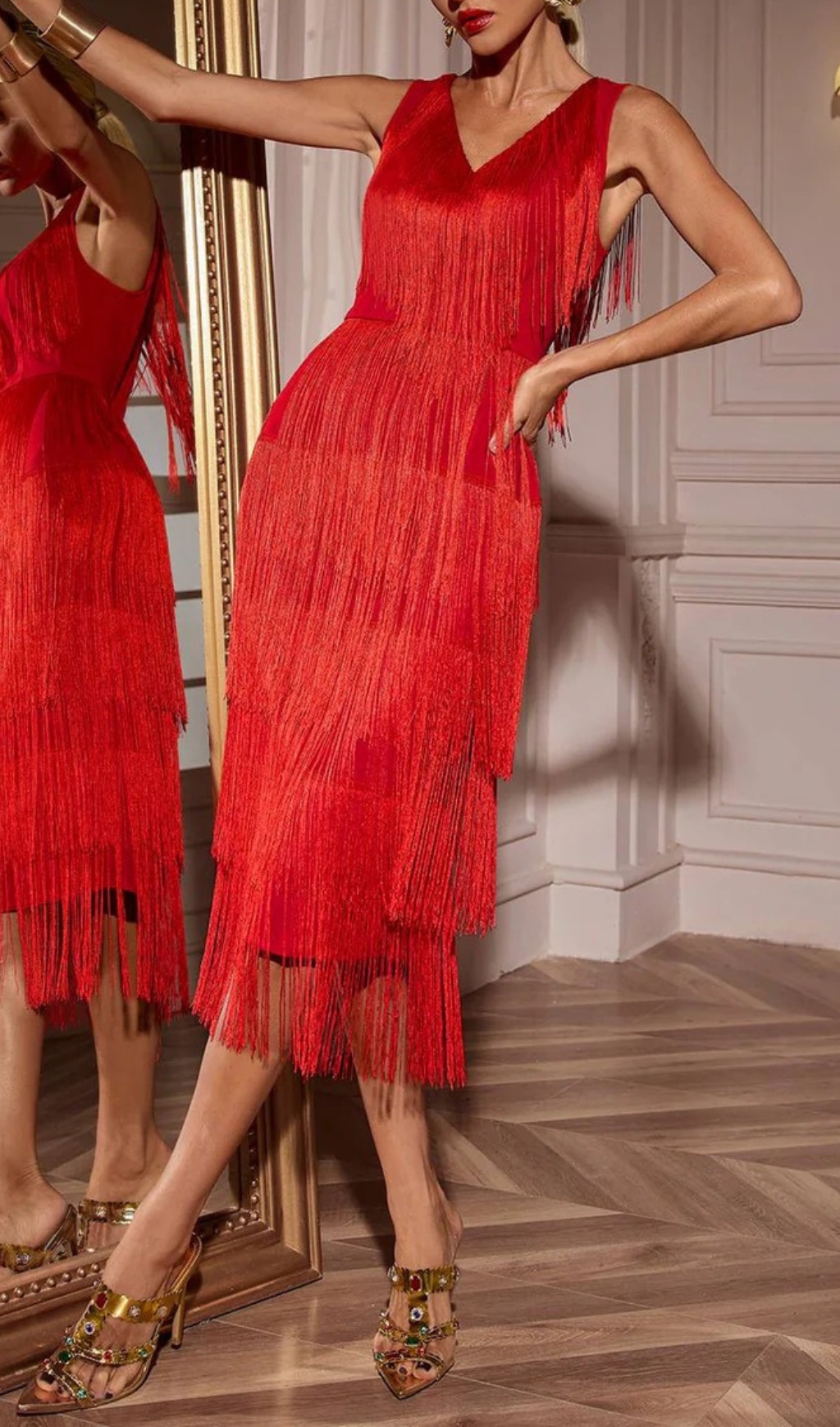 19ff8e2c75801d271be85d86f0a472aa.jpg Fashionslee Women Chava Red V-Neck Fringe Midi Dress