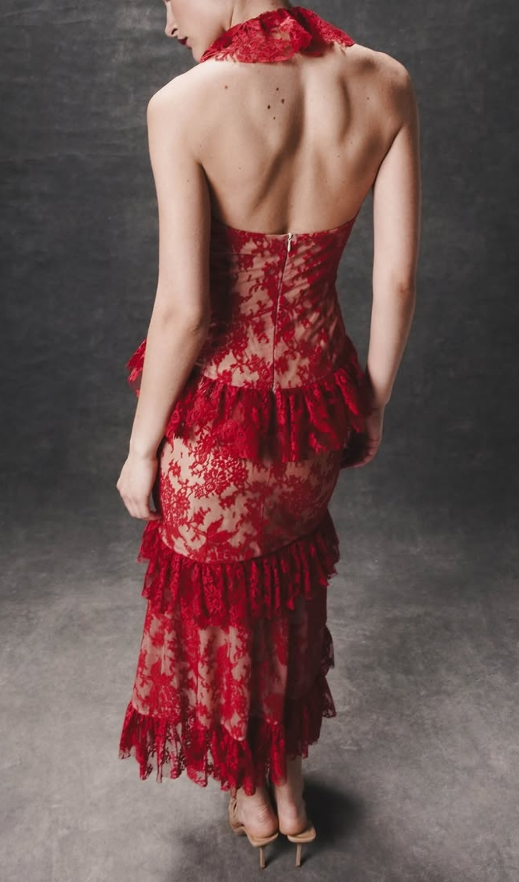 Fashionslee Women Eavan Red Halter Lace Midi Dress