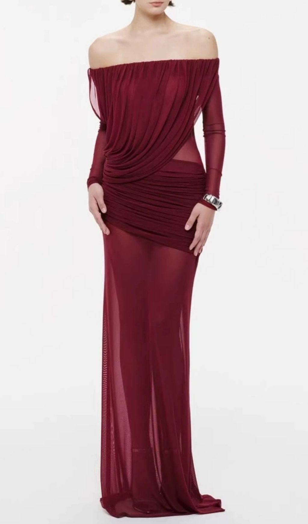 Fashionslee Women Keely Off-Shoulder Long Sleeve Mesh Maxi Dress
