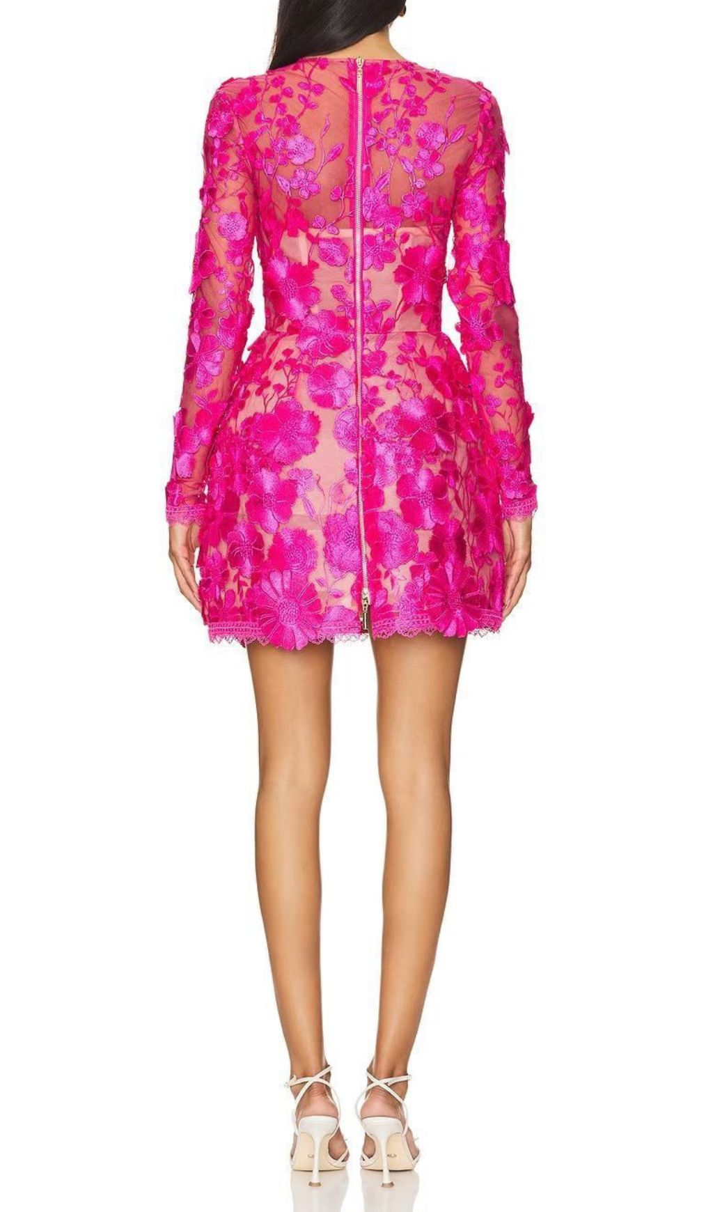 Fashionslee Women Iban Pink Flower Embroidery Long Sleeve Mini Dress