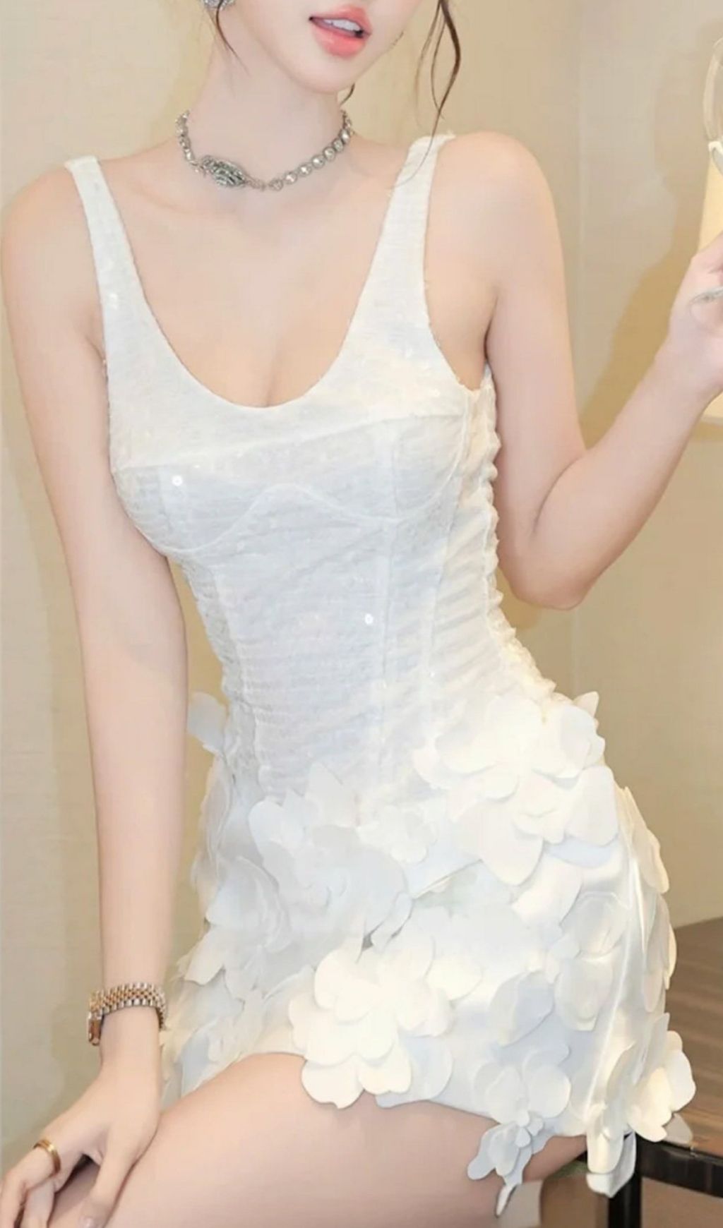 Fashionslee Women Kami White Strappy Sequin Flower Mini Dress