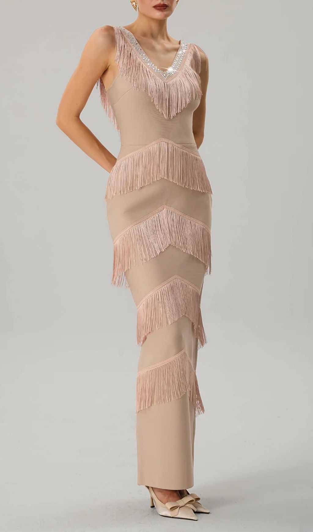 Fashionslee Women Kaleidrix V Neck Fringe Split Bandage Maxi Dress