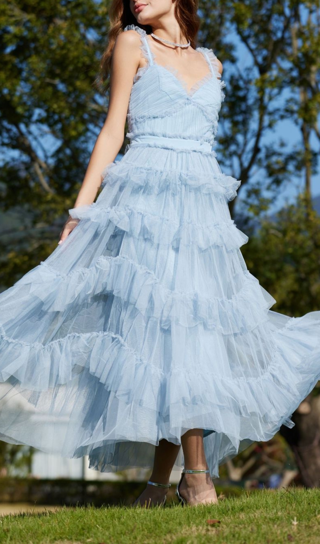 Fashionslee Women Blue Ruffle V Neck Sleeveless Tiered Tulle Maxi Dress