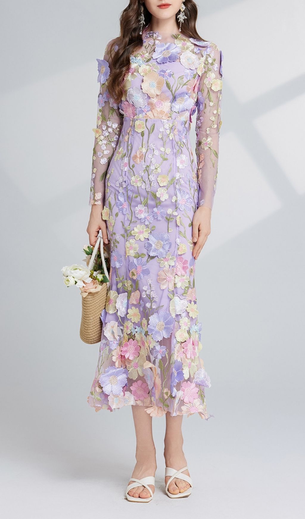 Fashionslee Women Carol Purple Floral Embroidery Mesh Fishtail Long Sleeve Midi Dress