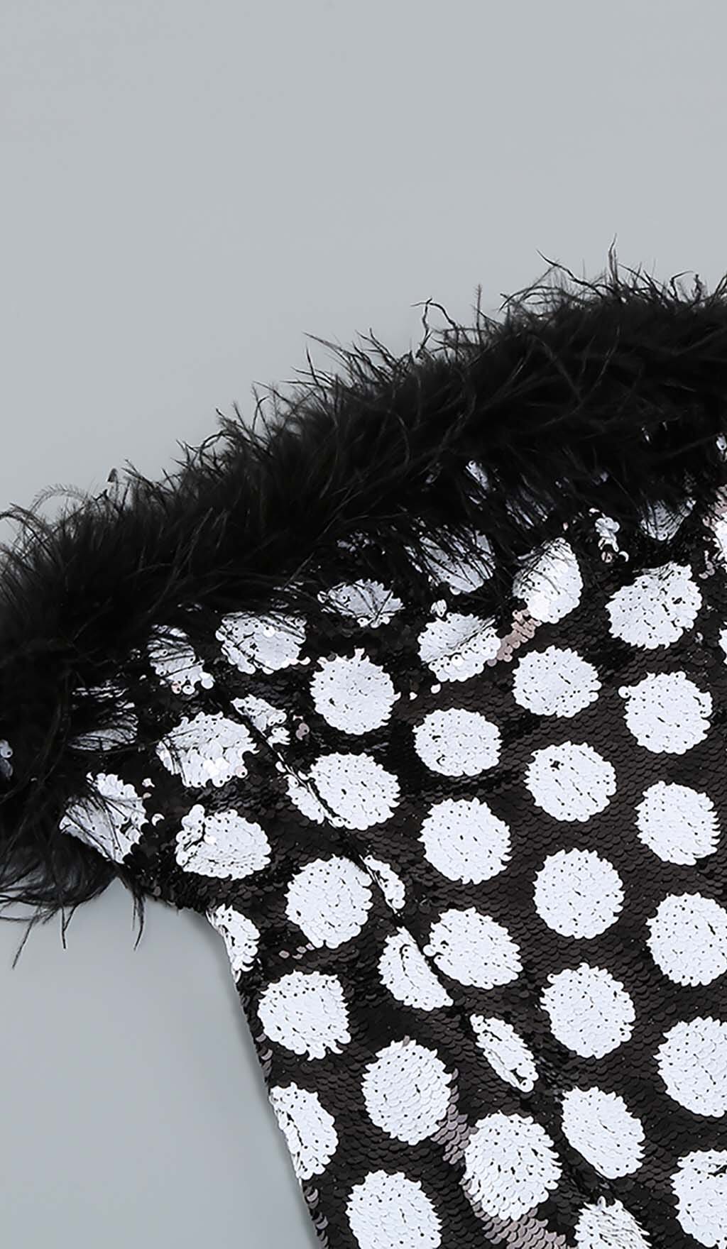 1ac84e04872095974b559bac5e3f9cbf.jpeg Fashionslee Women Feather Trim Polka Dot Mini Dress
