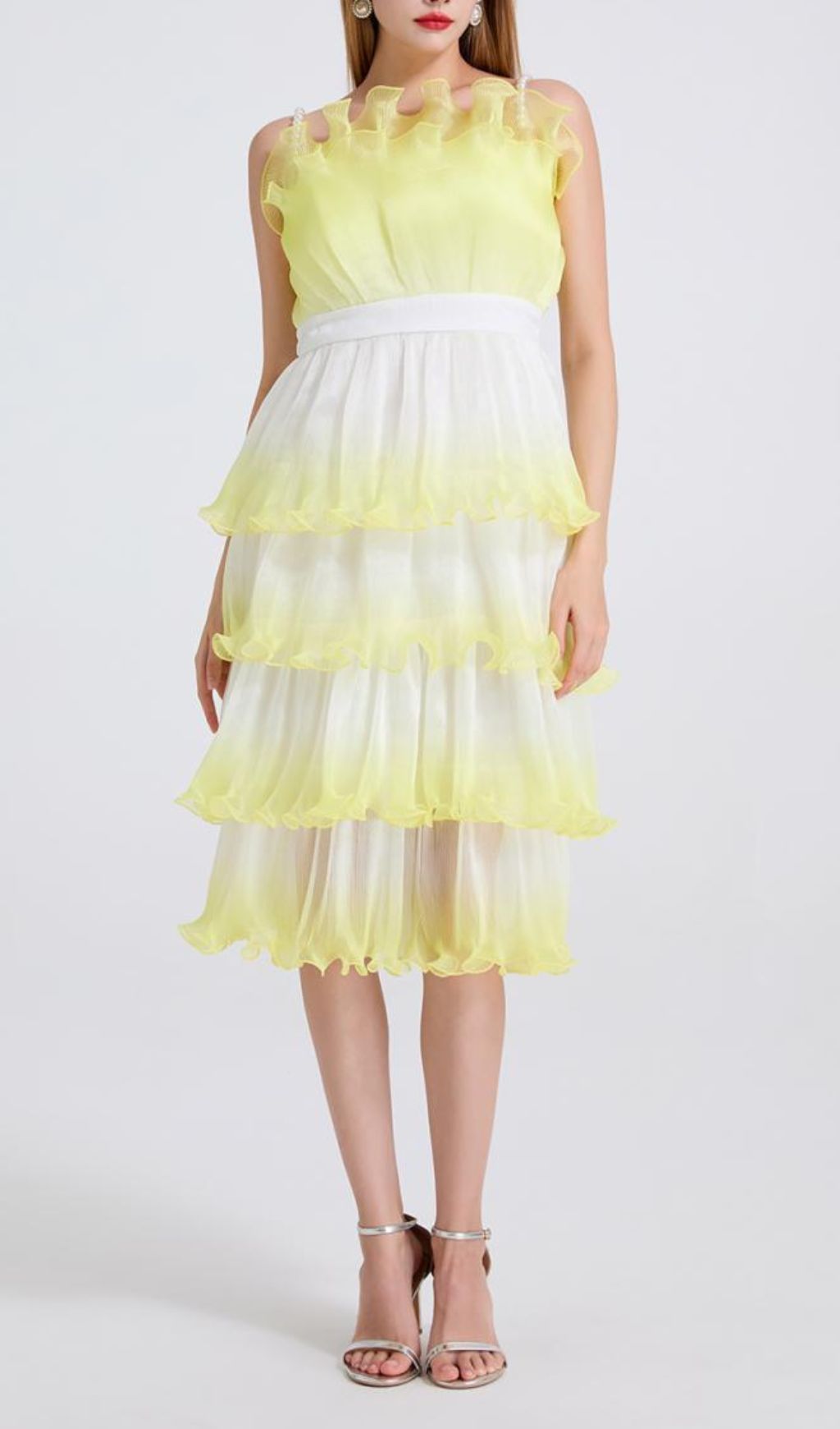 Fashionslee Women Fiene Yellow Strappy Cake Midi Dress