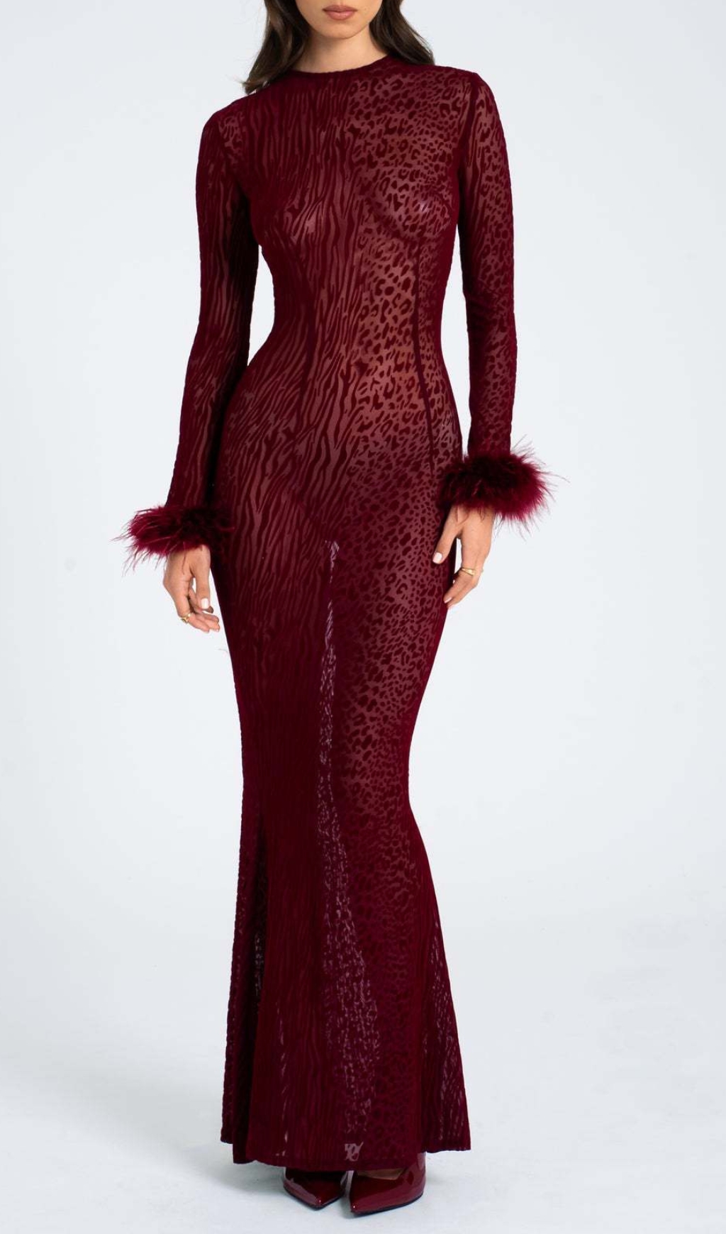 Fashionslee Women Cascata Wine Mesh Feather Maxi Dress