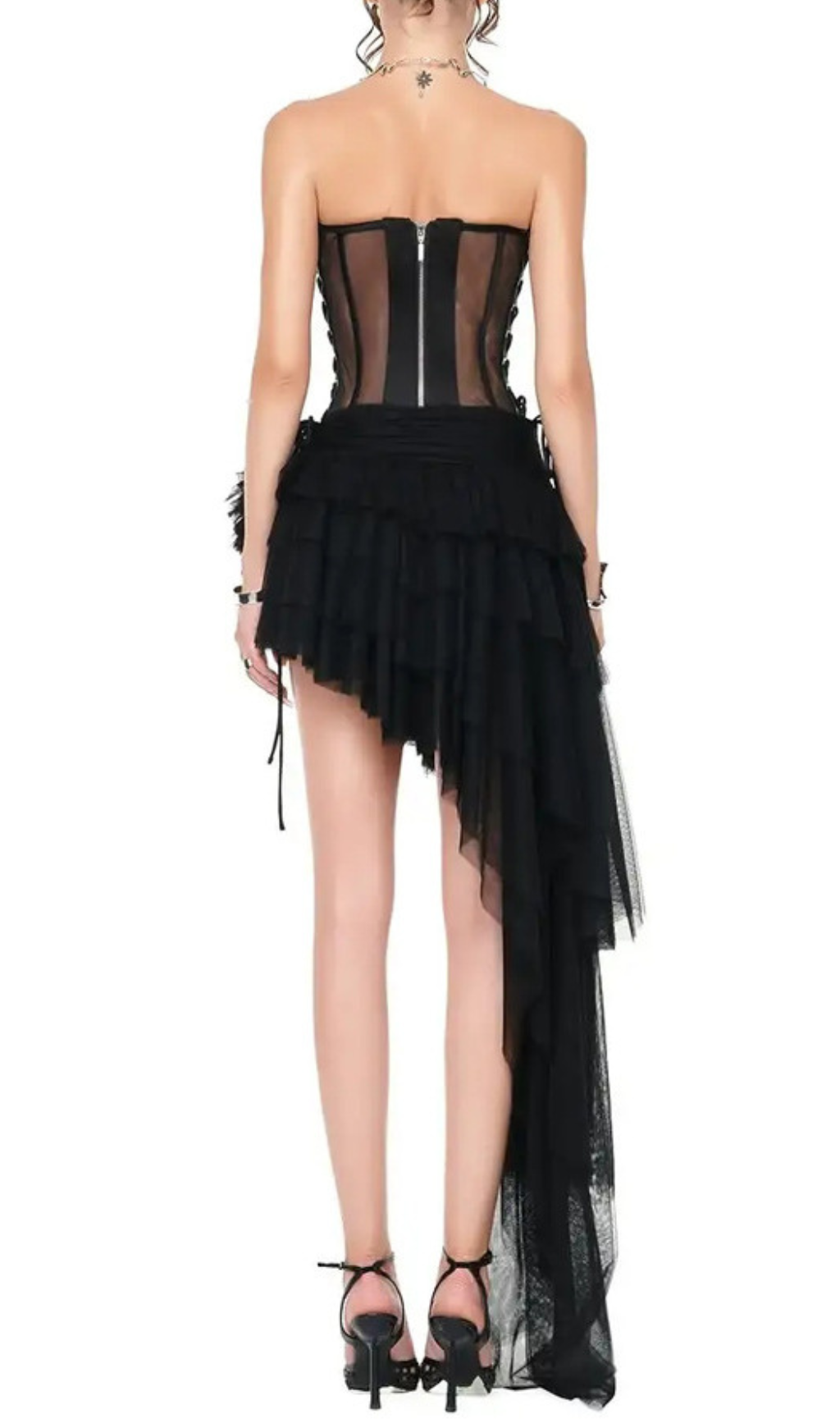 Fashionslee Women Gaetana Black Corset Top & Irregular Mesh Skirt Set