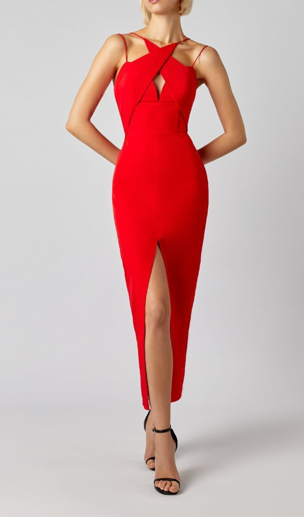 Fashionslee Women Sleeveless Key Hole Split Backless Red Bandage Midi Dress
