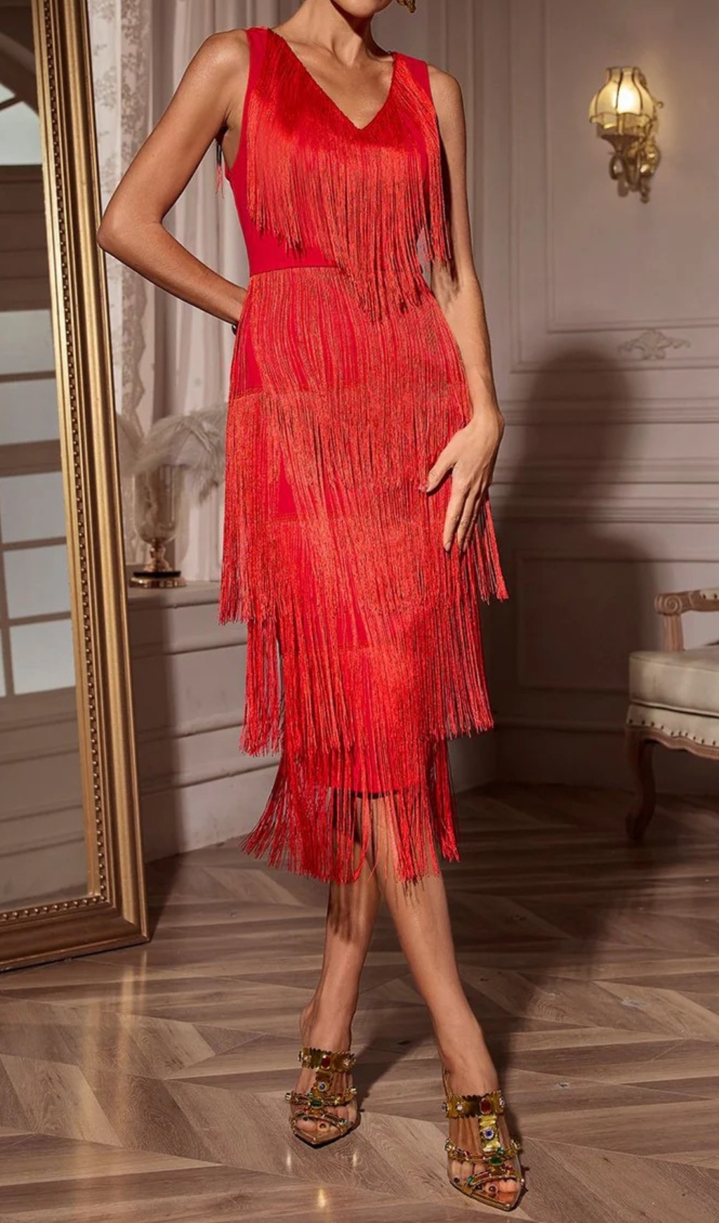 Fashionslee Women Chava Red V-Neck Fringe Midi Dress