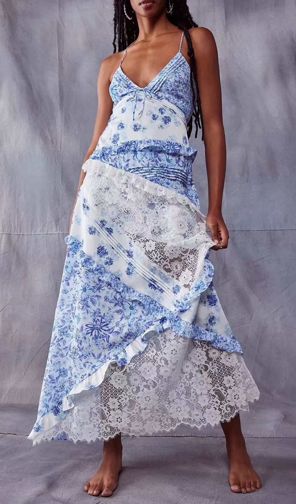 Fashionslee Women Georgia Blue V Neck Floral Print Lace Maxi Dress