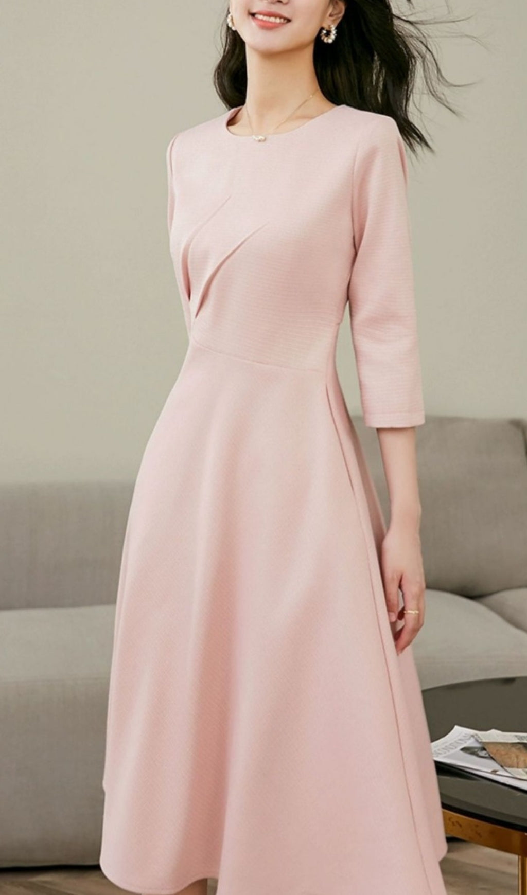 Fashionslee Women Elegant Pink Long Sleeve Midi Dress