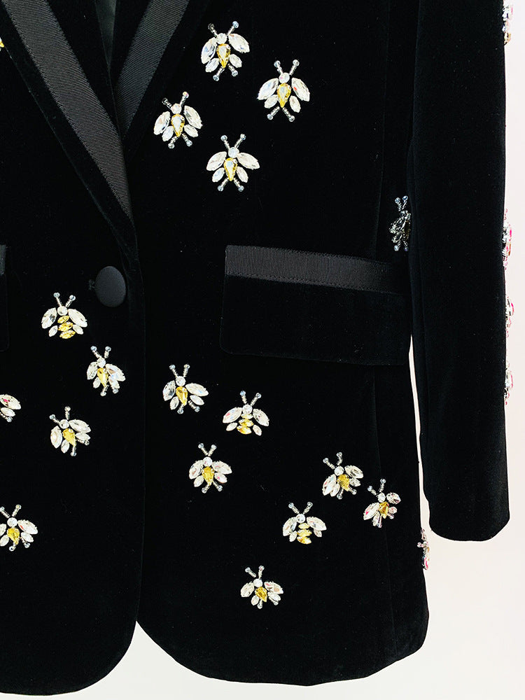 1c657b11207272ed5b98df50fbda20f9.jpeg Fashionslee Women Black Velvet Blazer Jacket With Rhinestone Bees