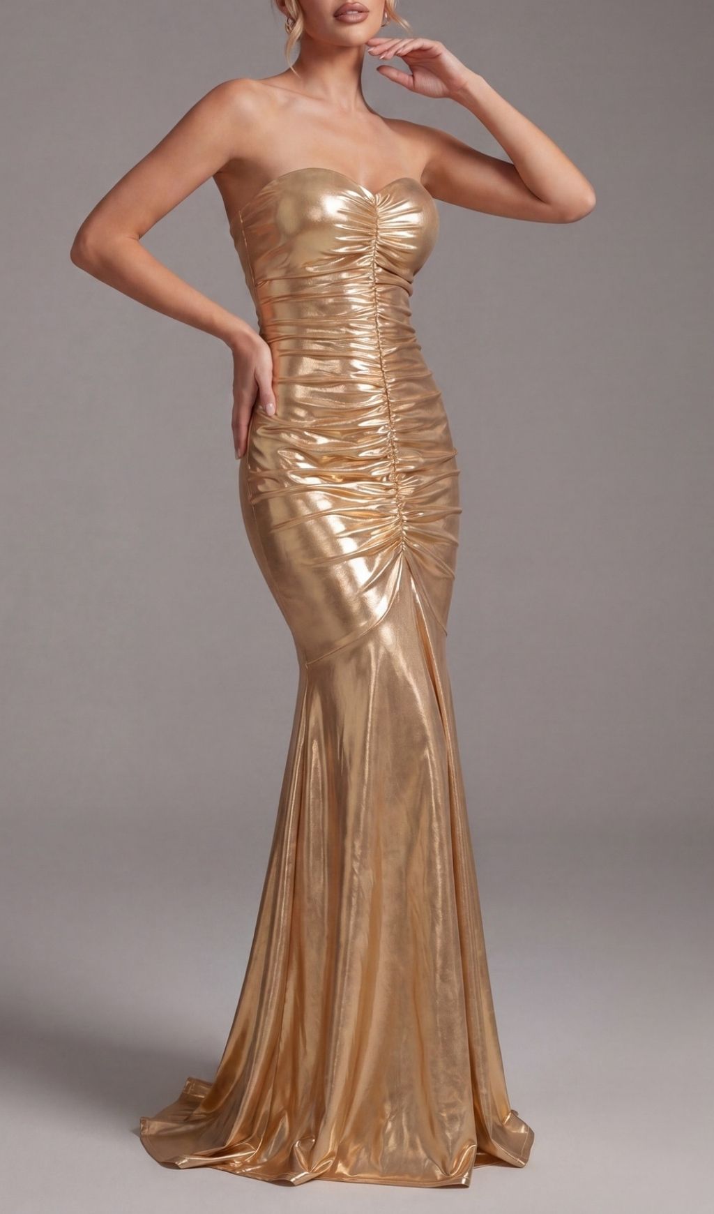 GOLD STRAPLESS RUCHED MAXI: TRENDING AESTHETIC DRESS - OWNCI